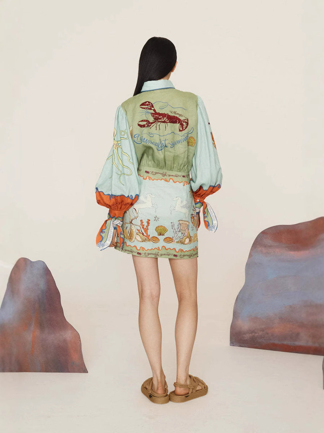 Green Scarf Print Mini Shirt Dress with Waist Tie