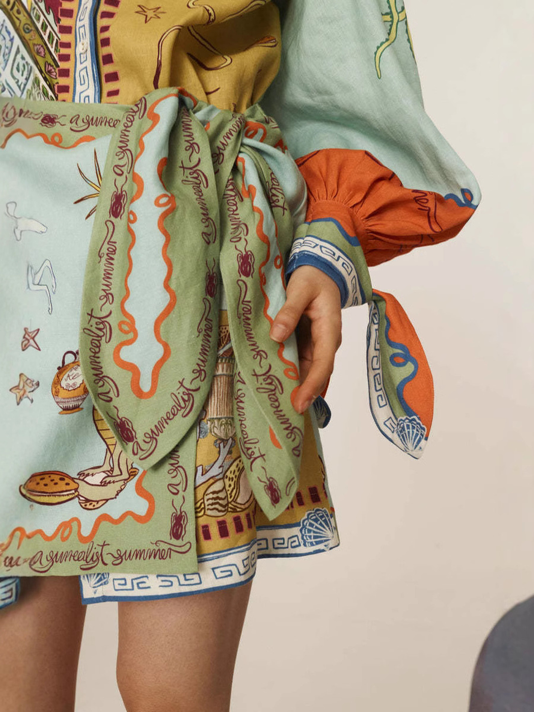 Green Scarf Print Mini Shirt Dress with Waist Tie