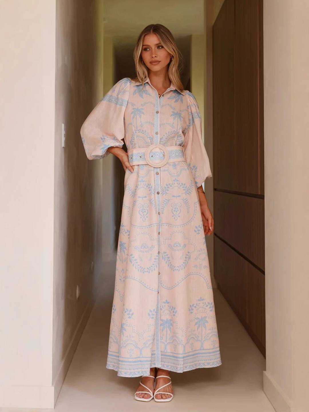 Bohemian Maxi Shirt Dress with Belt and Puff Sleeves