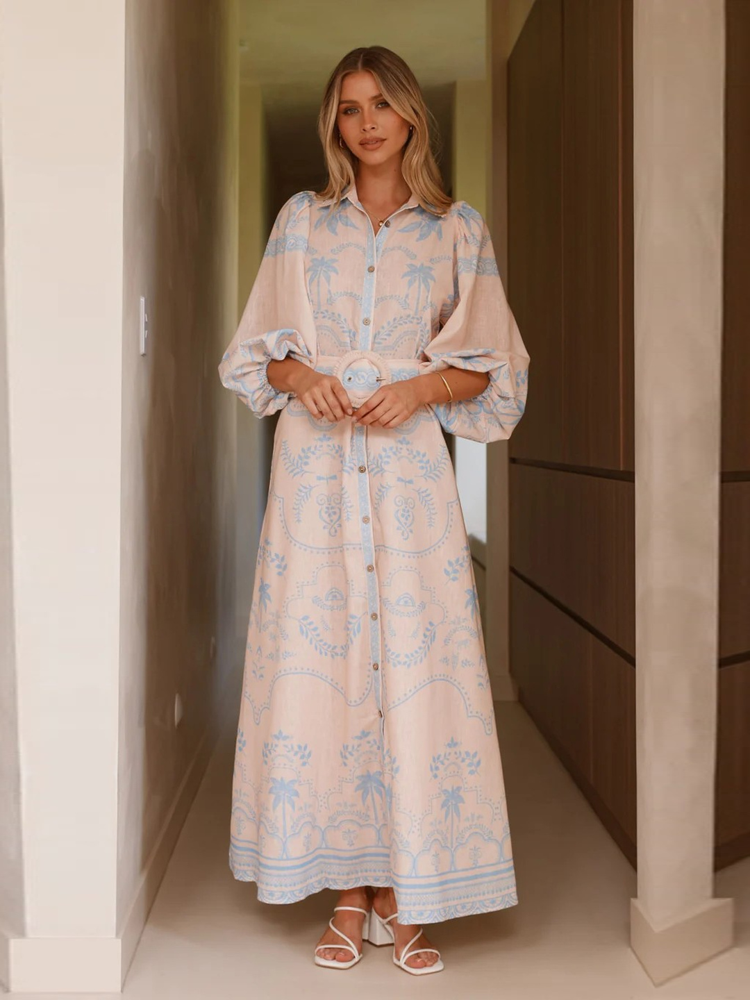 Bohemian Maxi Shirt Dress with Belt and Puff Sleeves