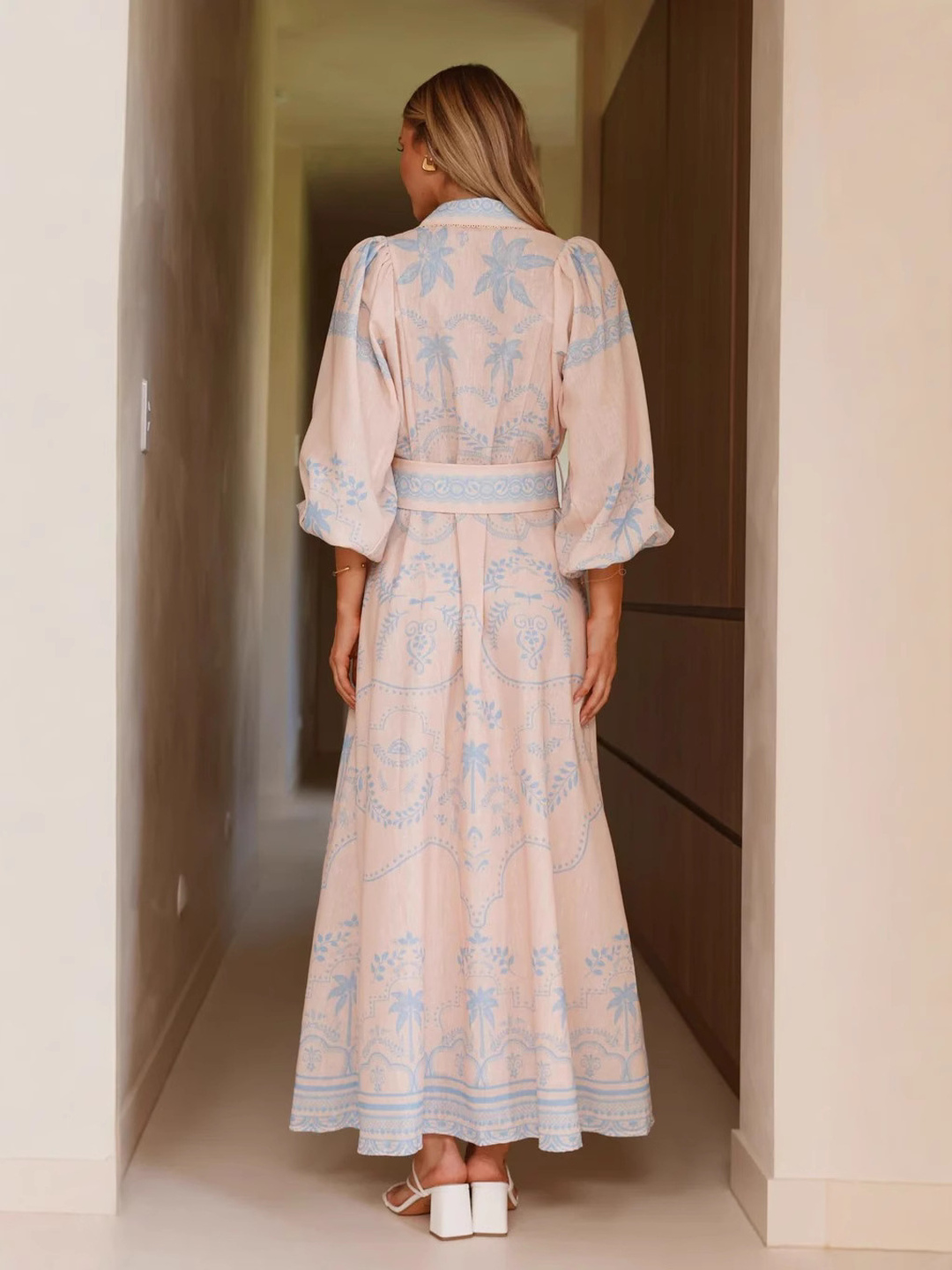 Bohemian Maxi Shirt Dress with Belt and Puff Sleeves