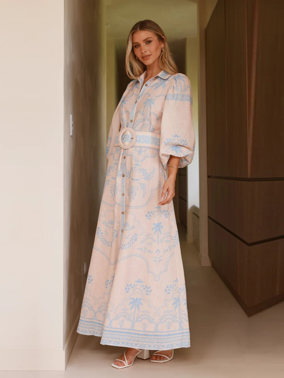 Bohemian Maxi Shirt Dress with Belt and Puff Sleeves