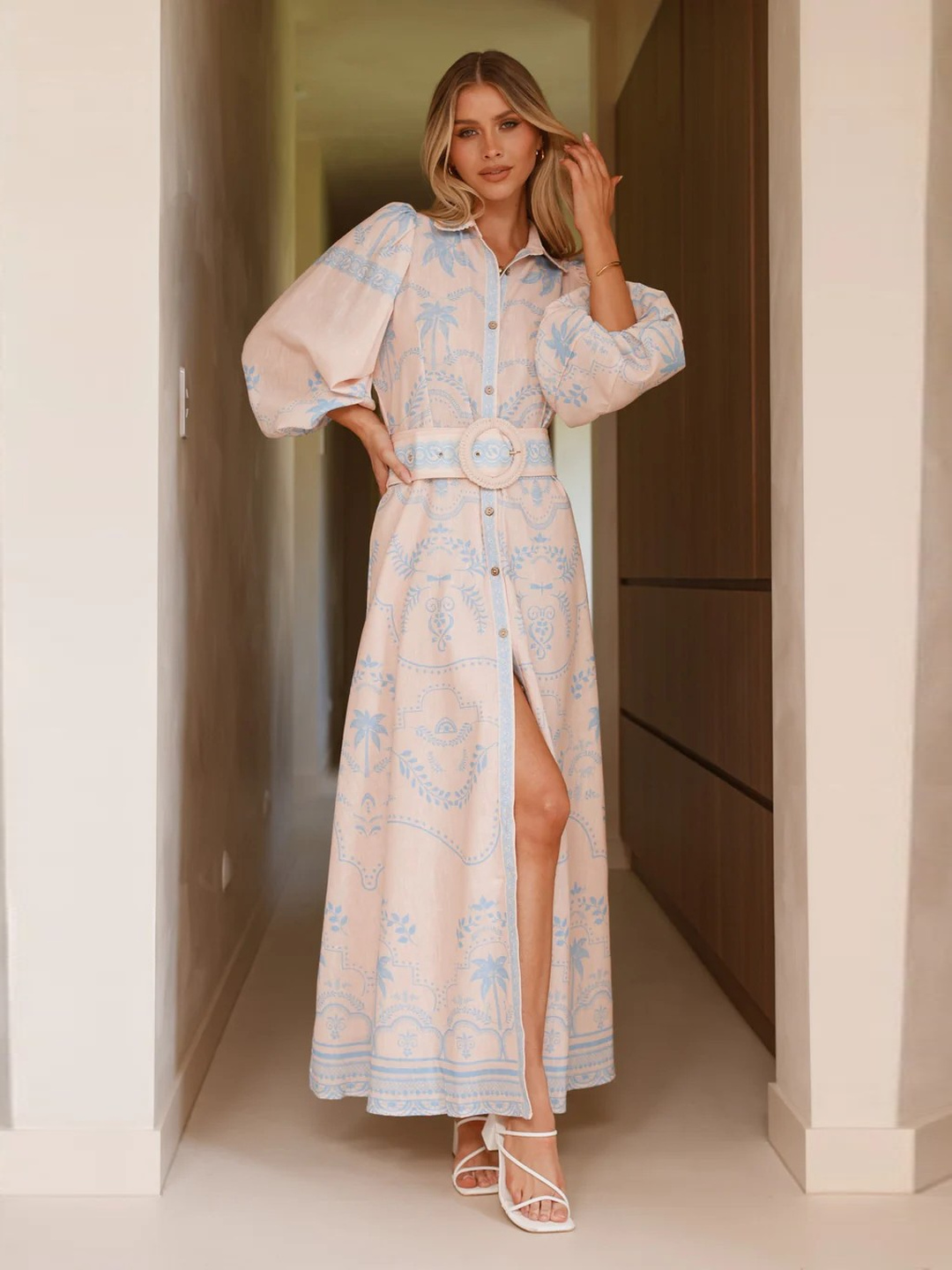 Bohemian Maxi Shirt Dress with Belt and Puff Sleeves