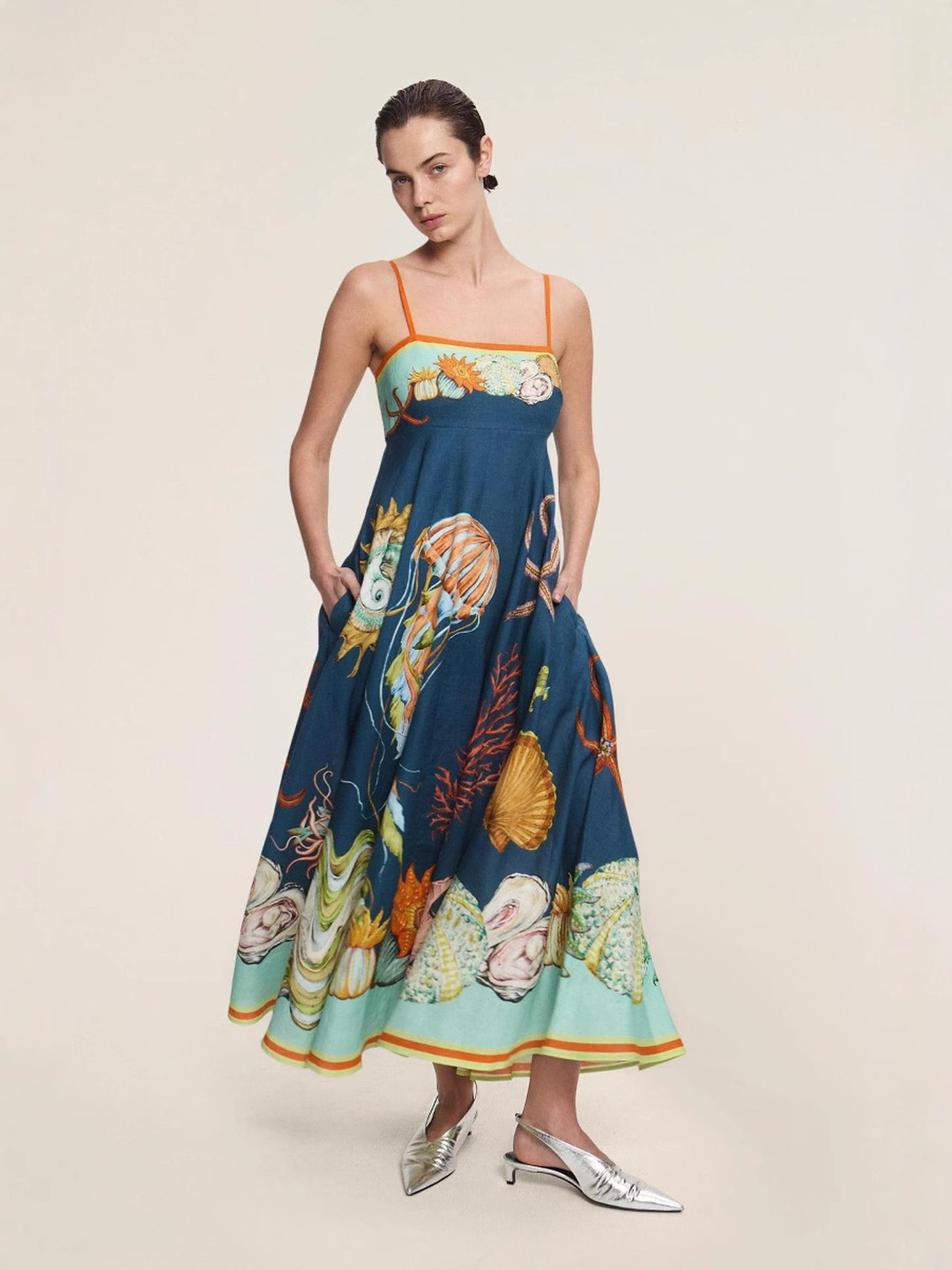 Maxi A-Line Strappy Dress with Graphic Print