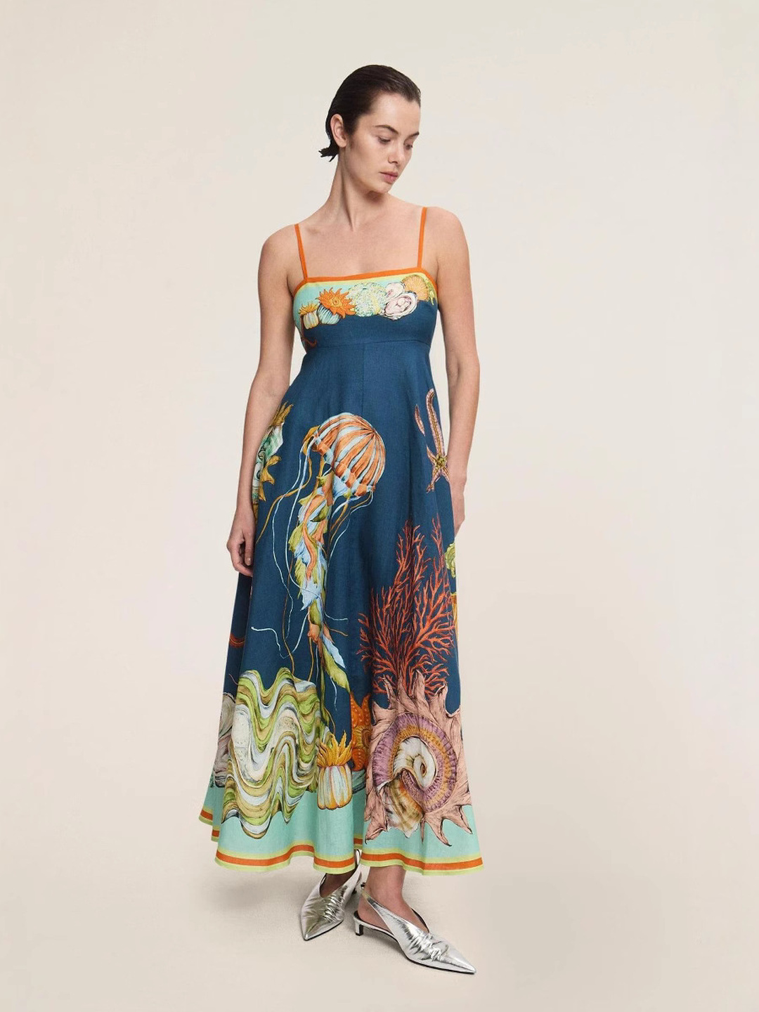 Maxi A-Line Strappy Dress with Graphic Print