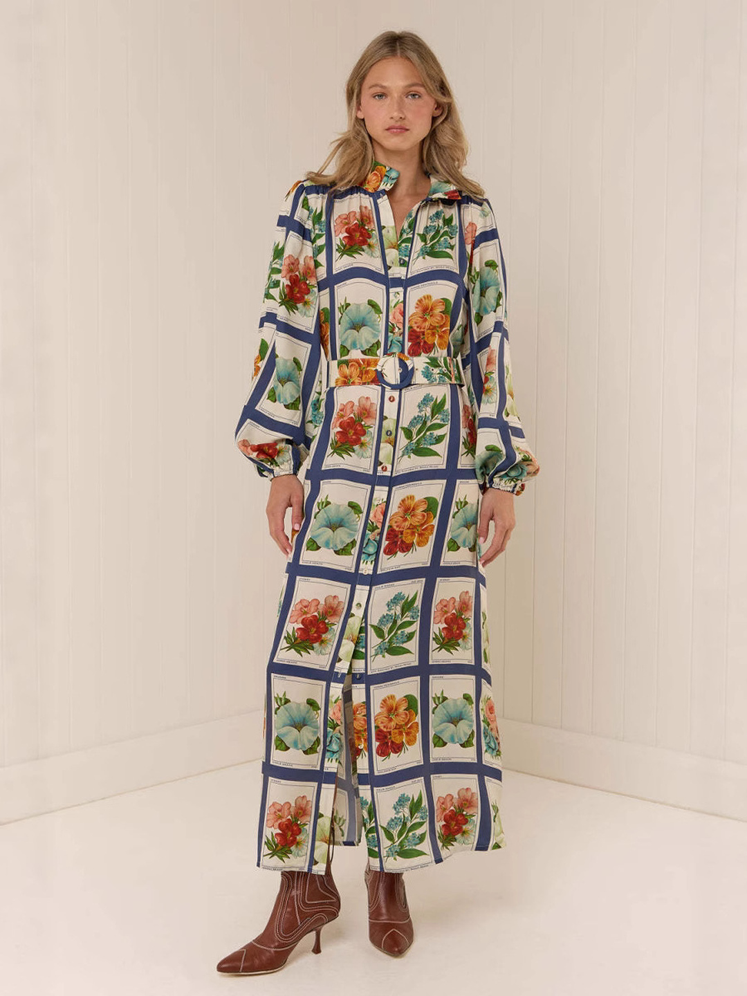 Floral Ankle-Length Shirt Dress with Long Sleeves