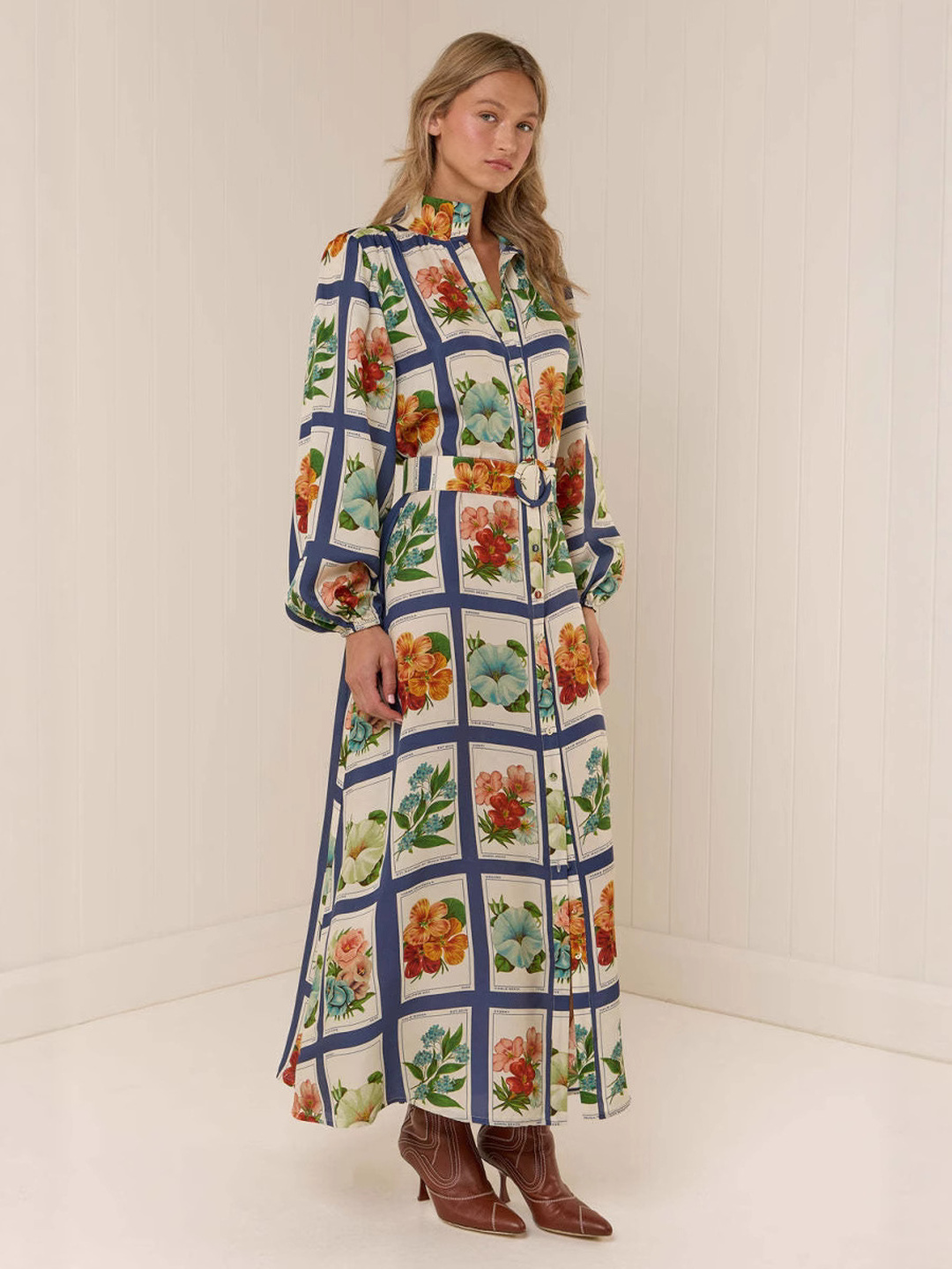 Floral Ankle-Length Shirt Dress with Long Sleeves