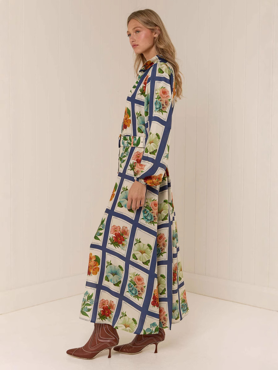 Floral Ankle-Length Shirt Dress with Long Sleeves