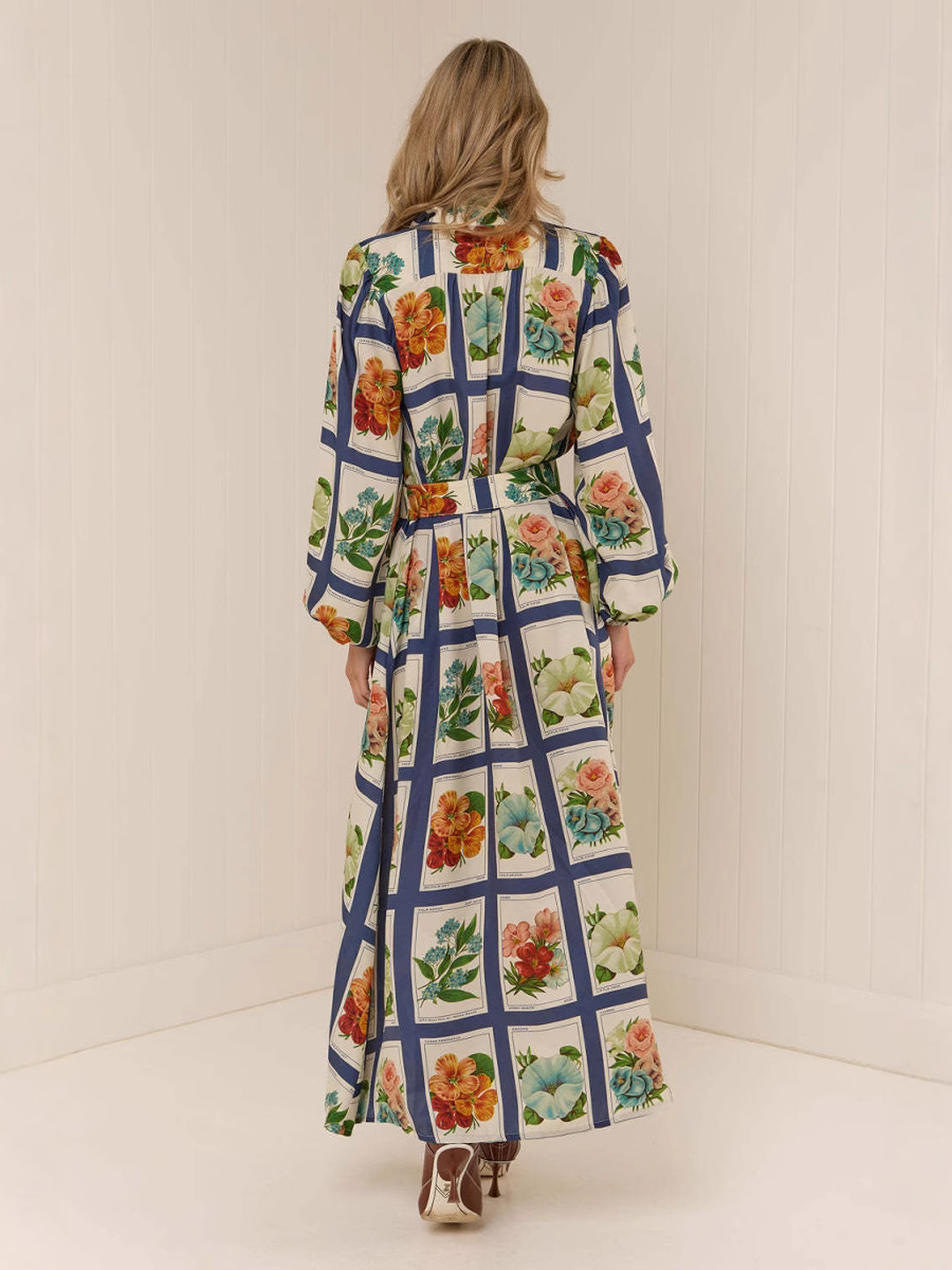 Floral Ankle-Length Shirt Dress with Long Sleeves