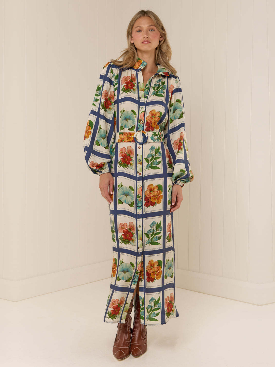 Floral Ankle-Length Shirt Dress with Long Sleeves
