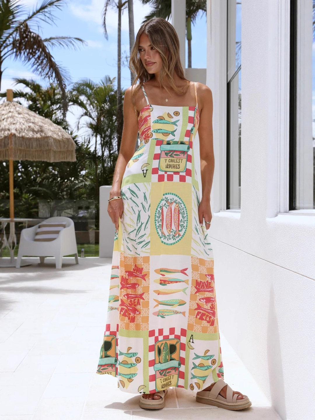 Multi Graphic Print Maxi Dress - Strappy A-Line