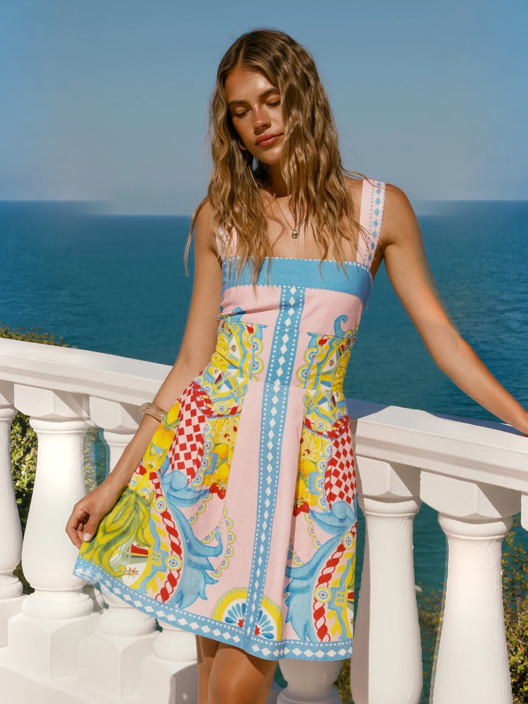 Multi Scarf Print Fit and Flare Mini Strappy Dress