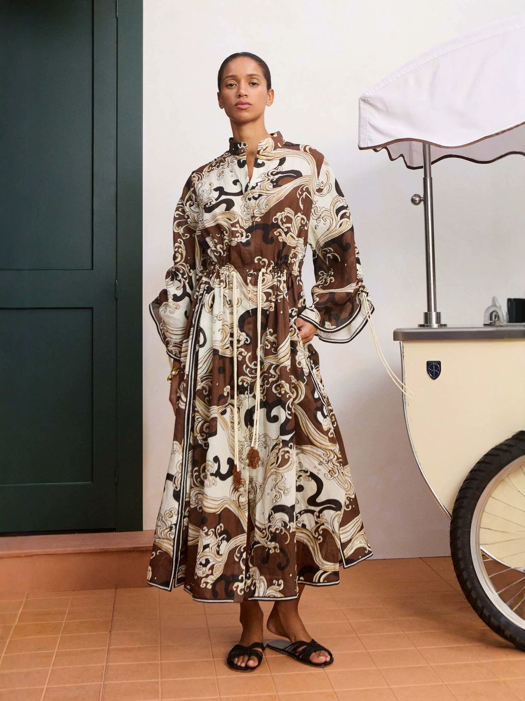 Beige Abstract Print Ankle-Length Fit and Flare Dress with Long Sleeves