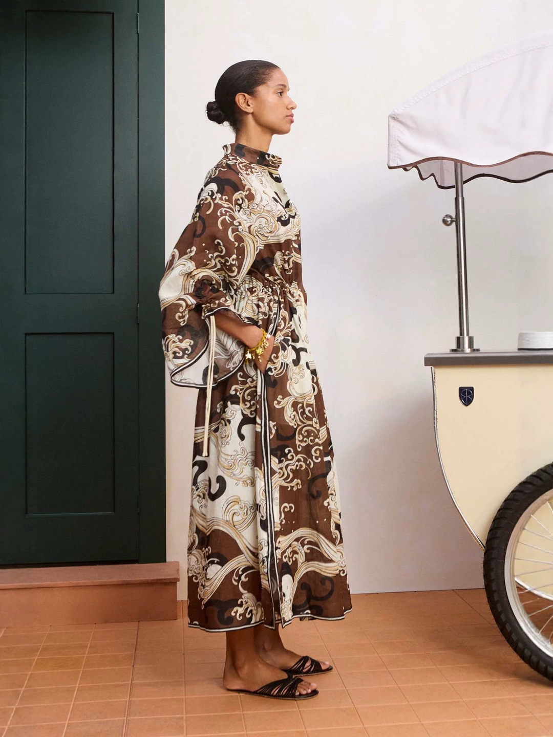 Beige Abstract Print Ankle-Length Fit and Flare Dress with Long Sleeves