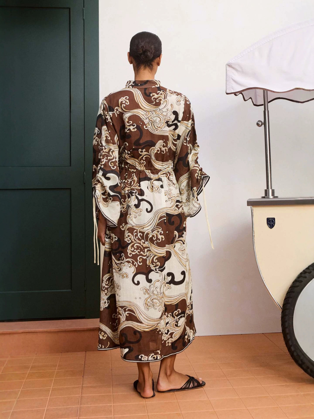 Beige Abstract Print Ankle-Length Fit and Flare Dress with Long Sleeves