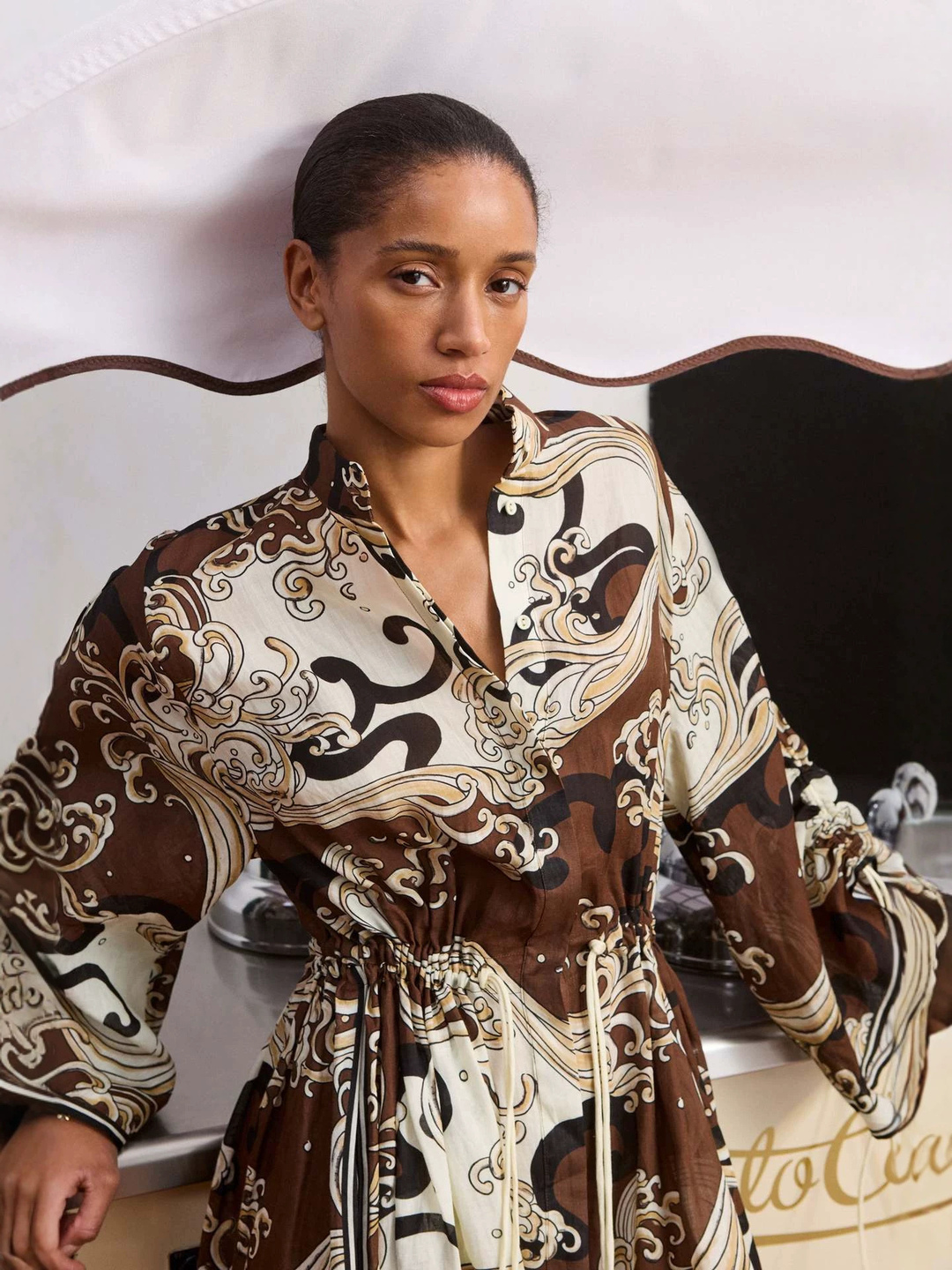 Beige Abstract Print Ankle-Length Fit and Flare Dress with Long Sleeves