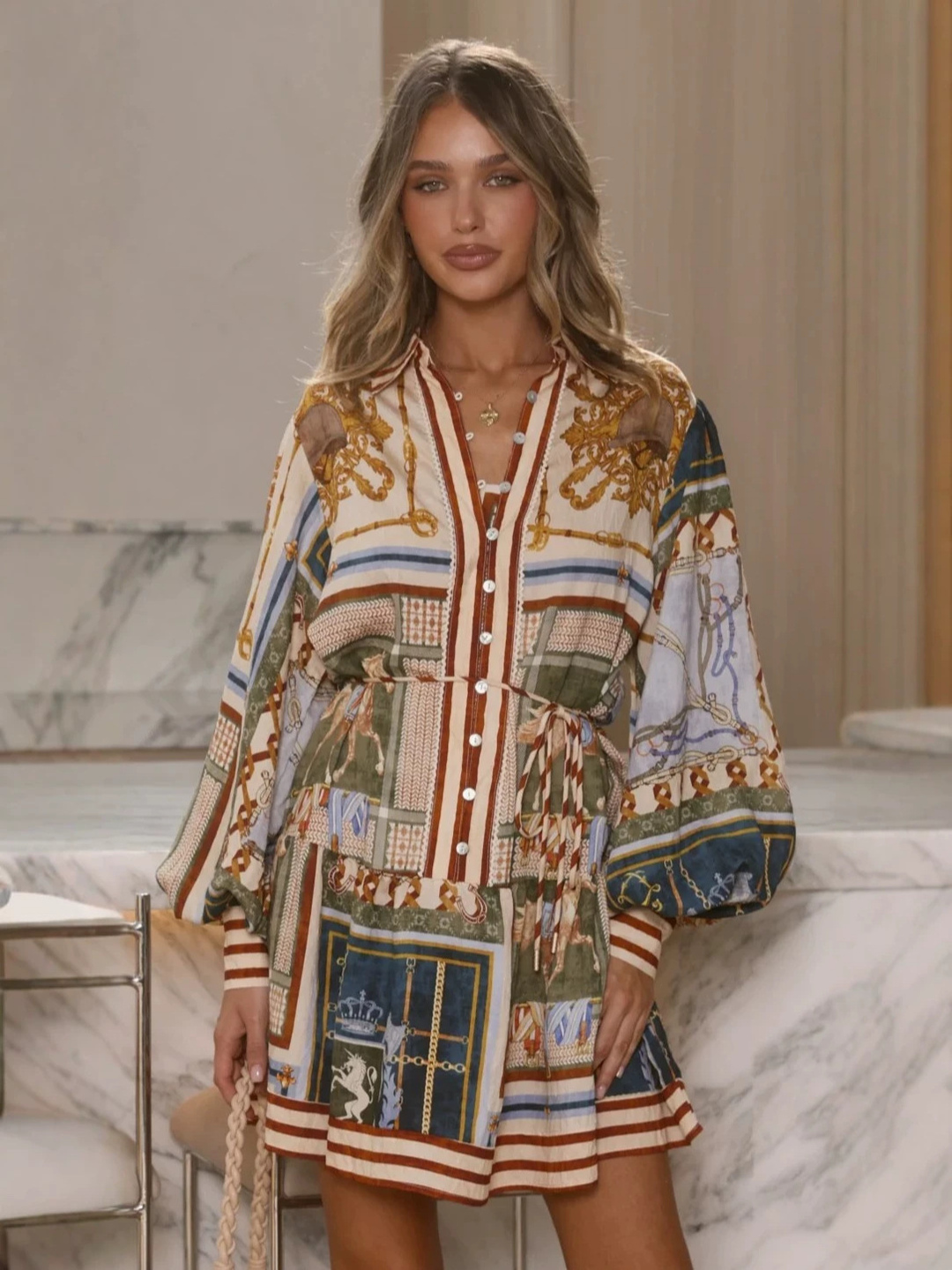 Multi Scarf Print Long Sleeve Mini Shirt Dress