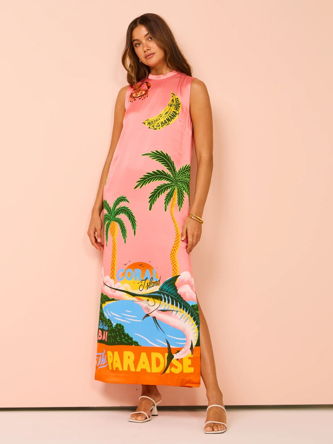 Multi Tropical Print Sleeveless Maxi Shift Dress