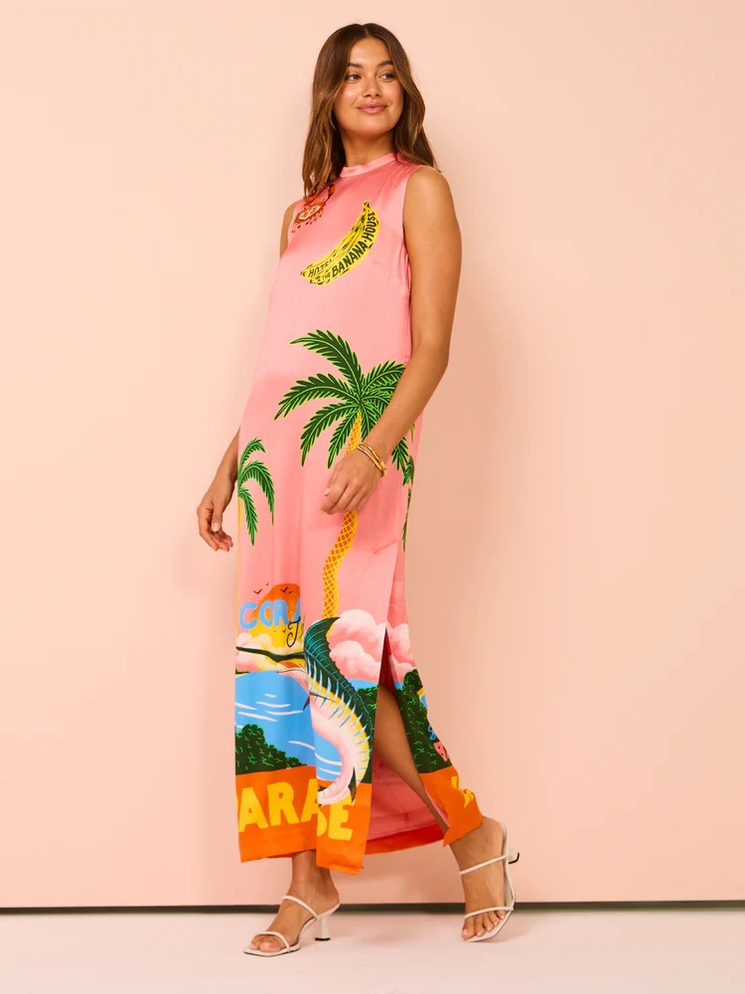 Multi Tropical Print Sleeveless Maxi Shift Dress