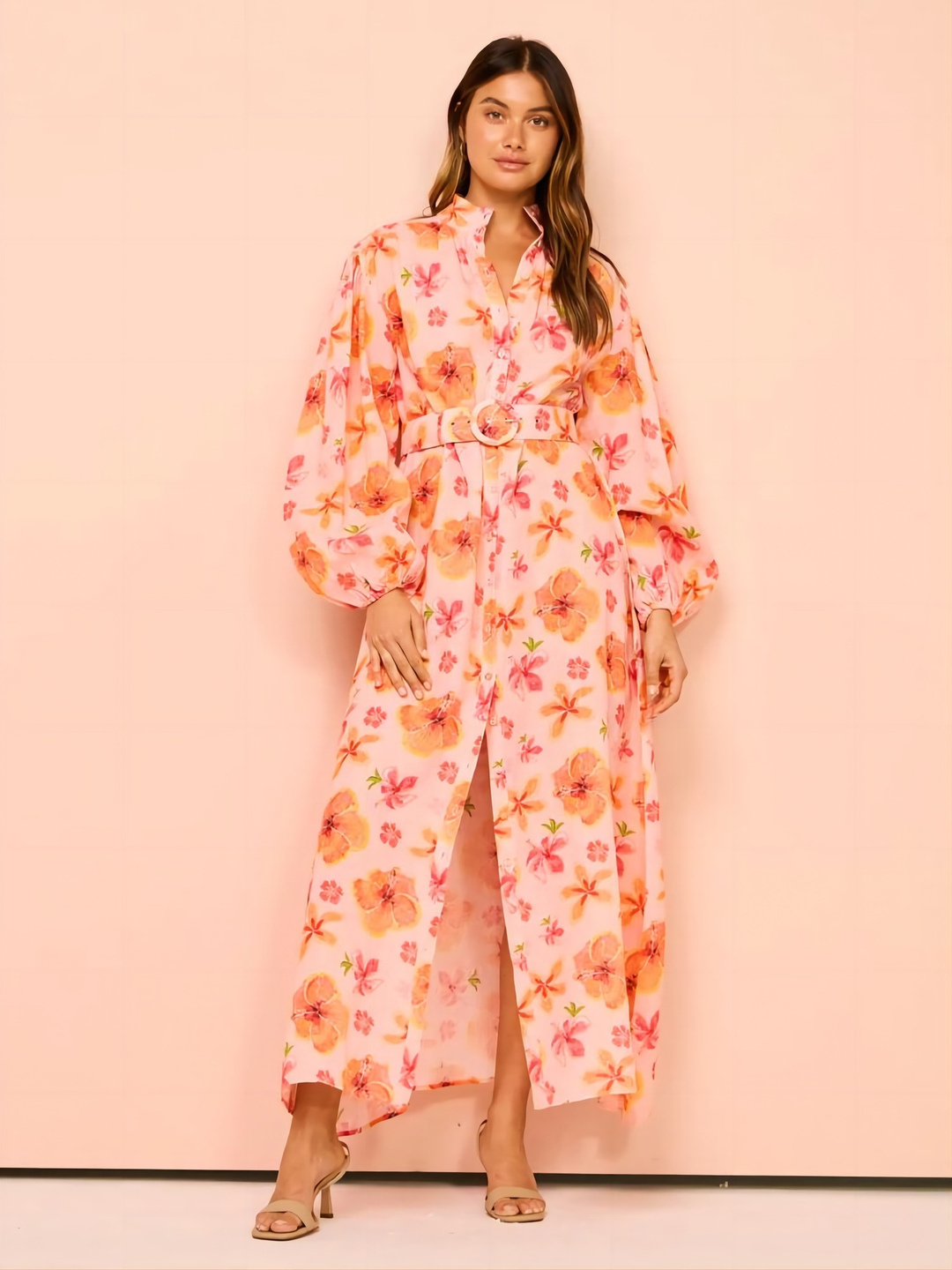 Peach Floral Midi Shirt Dress with Long Sleeves and Belt