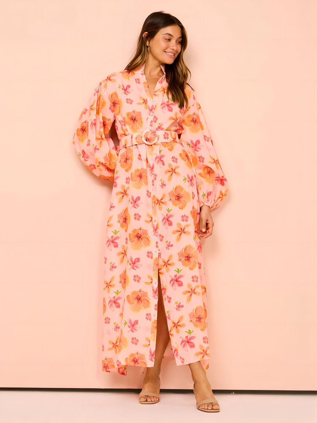 Peach Floral Midi Shirt Dress with Long Sleeves and Belt