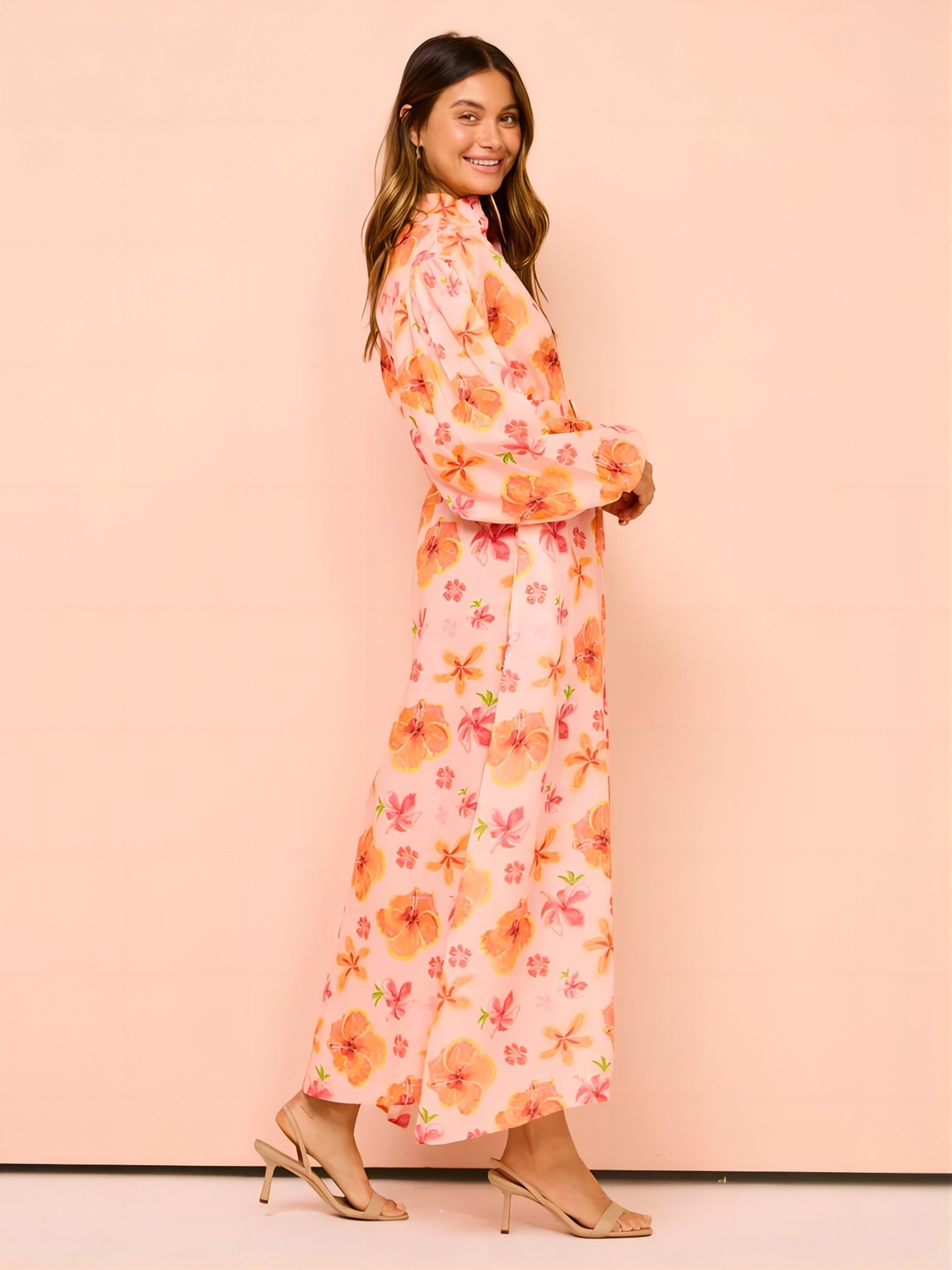 Peach Floral Midi Shirt Dress with Long Sleeves and Belt