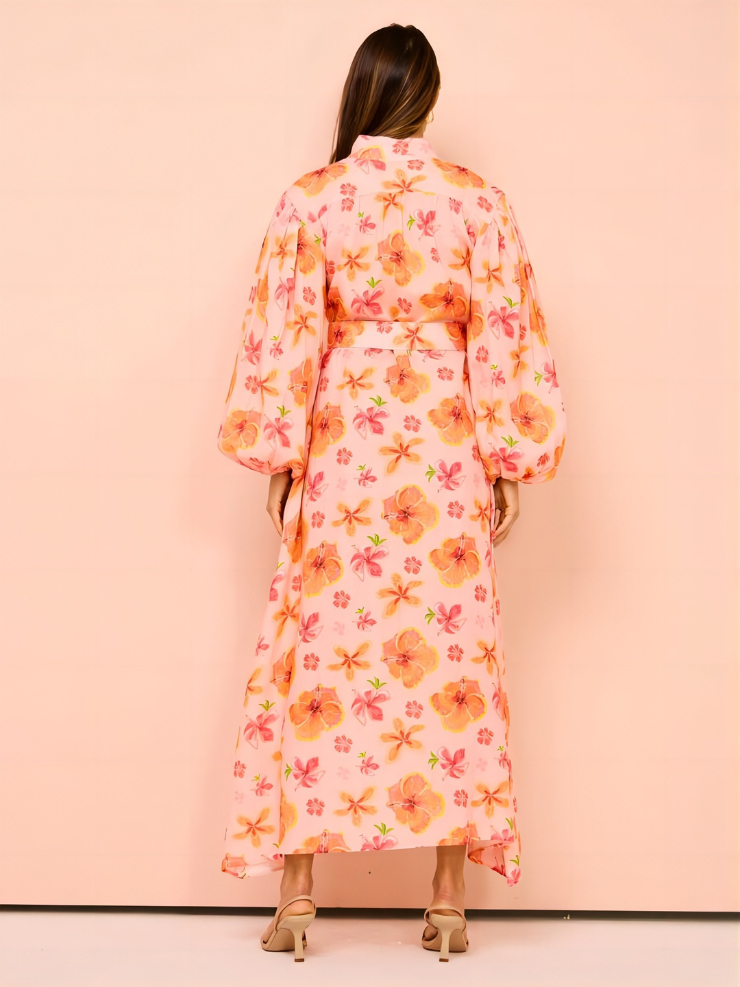 Peach Floral Midi Shirt Dress with Long Sleeves and Belt