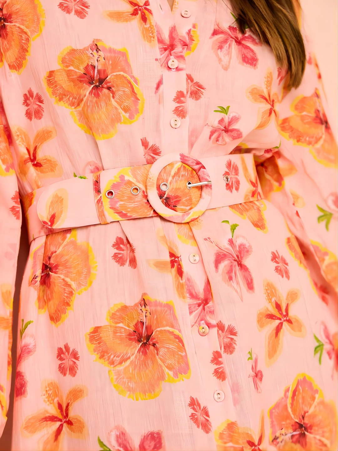Peach Floral Midi Shirt Dress with Long Sleeves and Belt