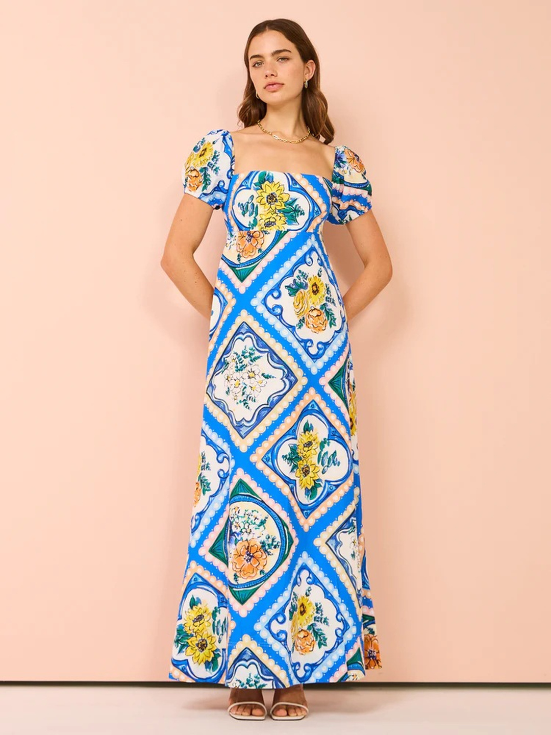 Peach and Blue Floral A-Line Maxi Dress with Puff Sleeves