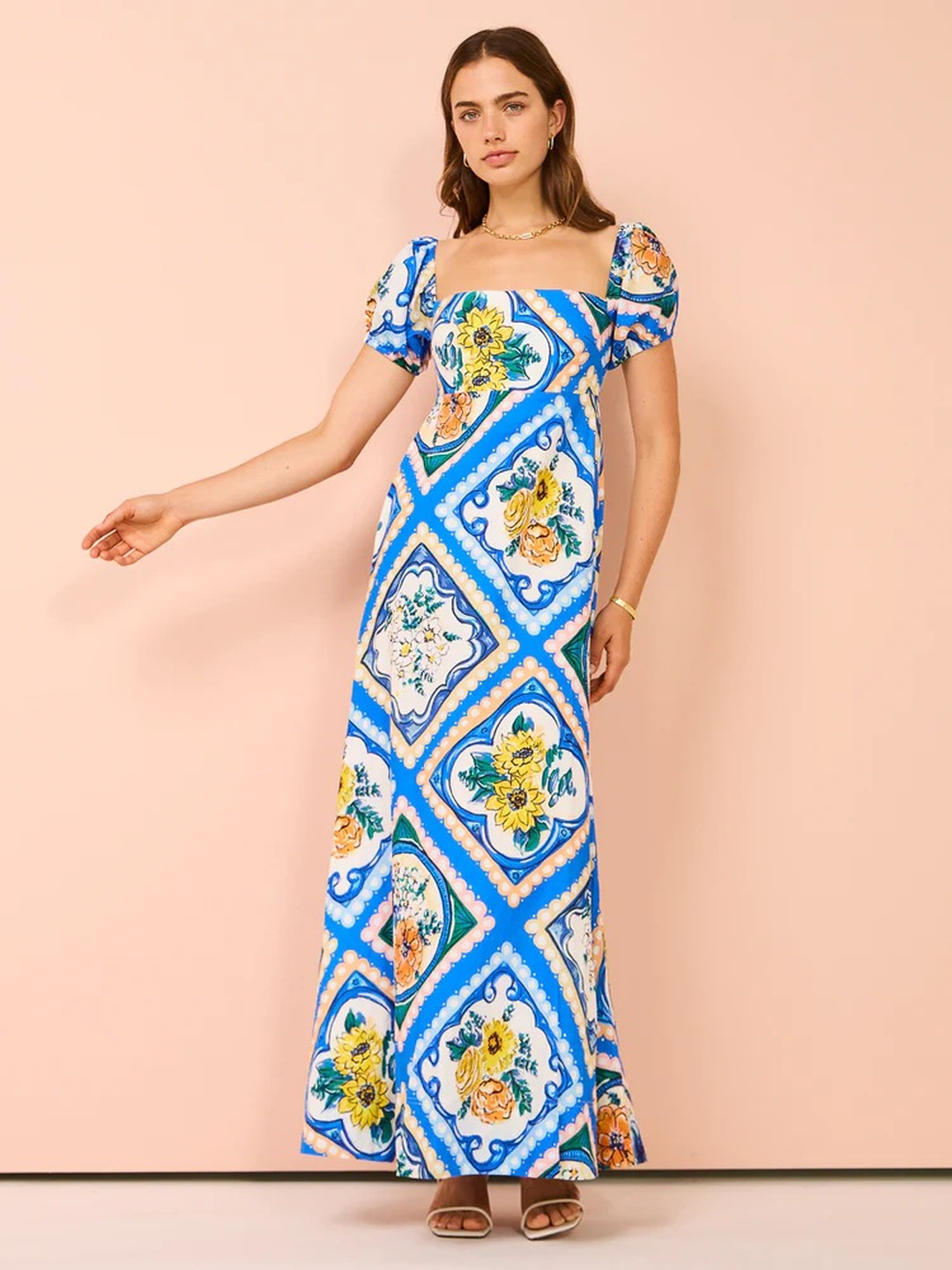 Peach and Blue Floral A-Line Maxi Dress with Puff Sleeves