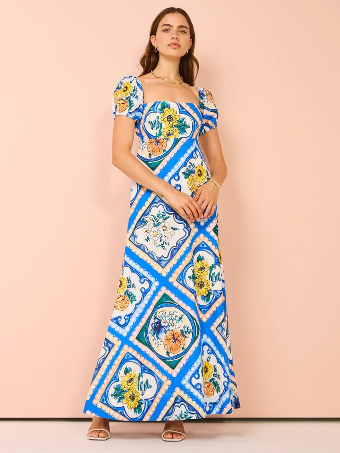 Peach and Blue Floral A-Line Maxi Dress with Puff Sleeves