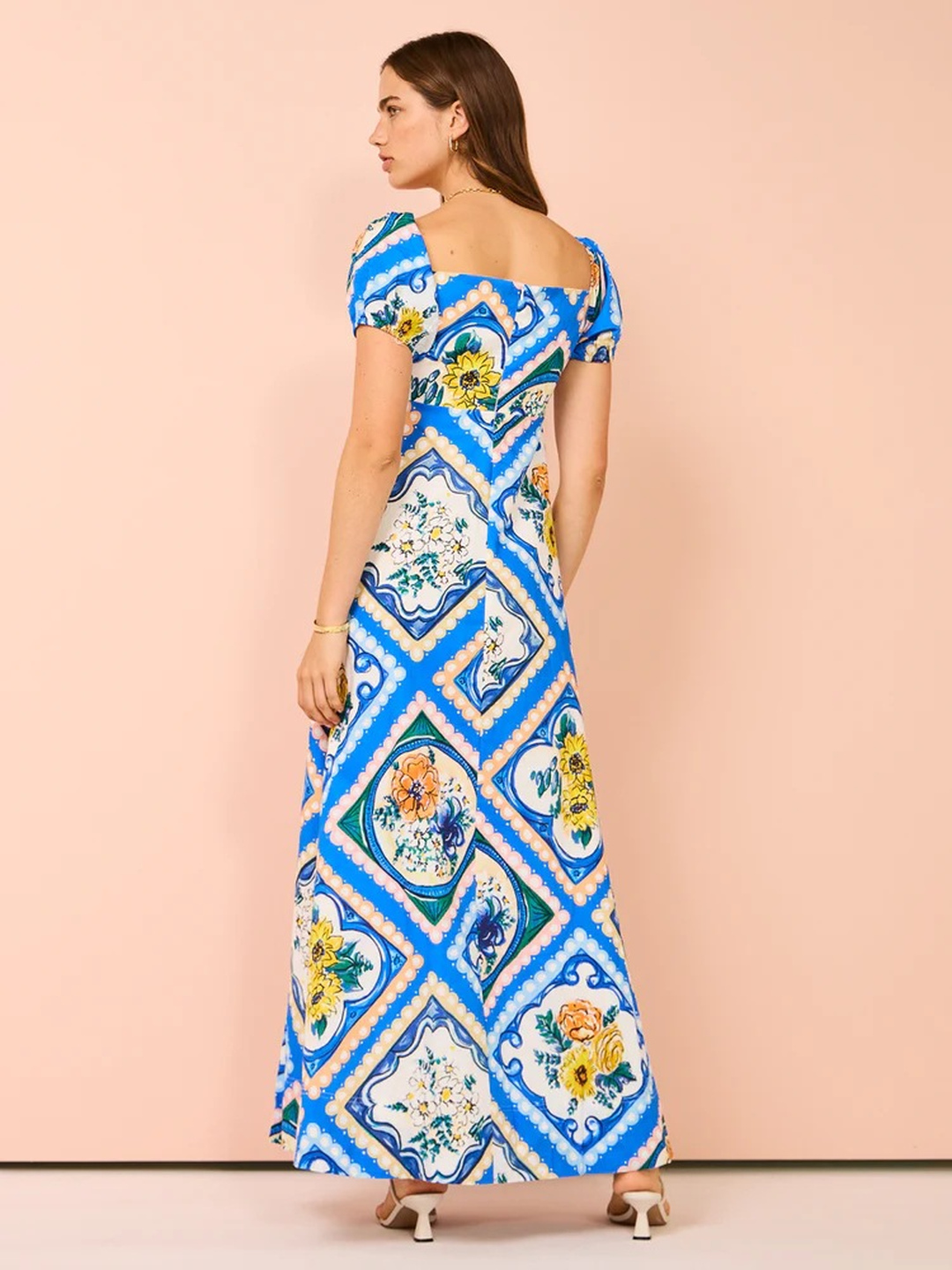Peach and Blue Floral A-Line Maxi Dress with Puff Sleeves