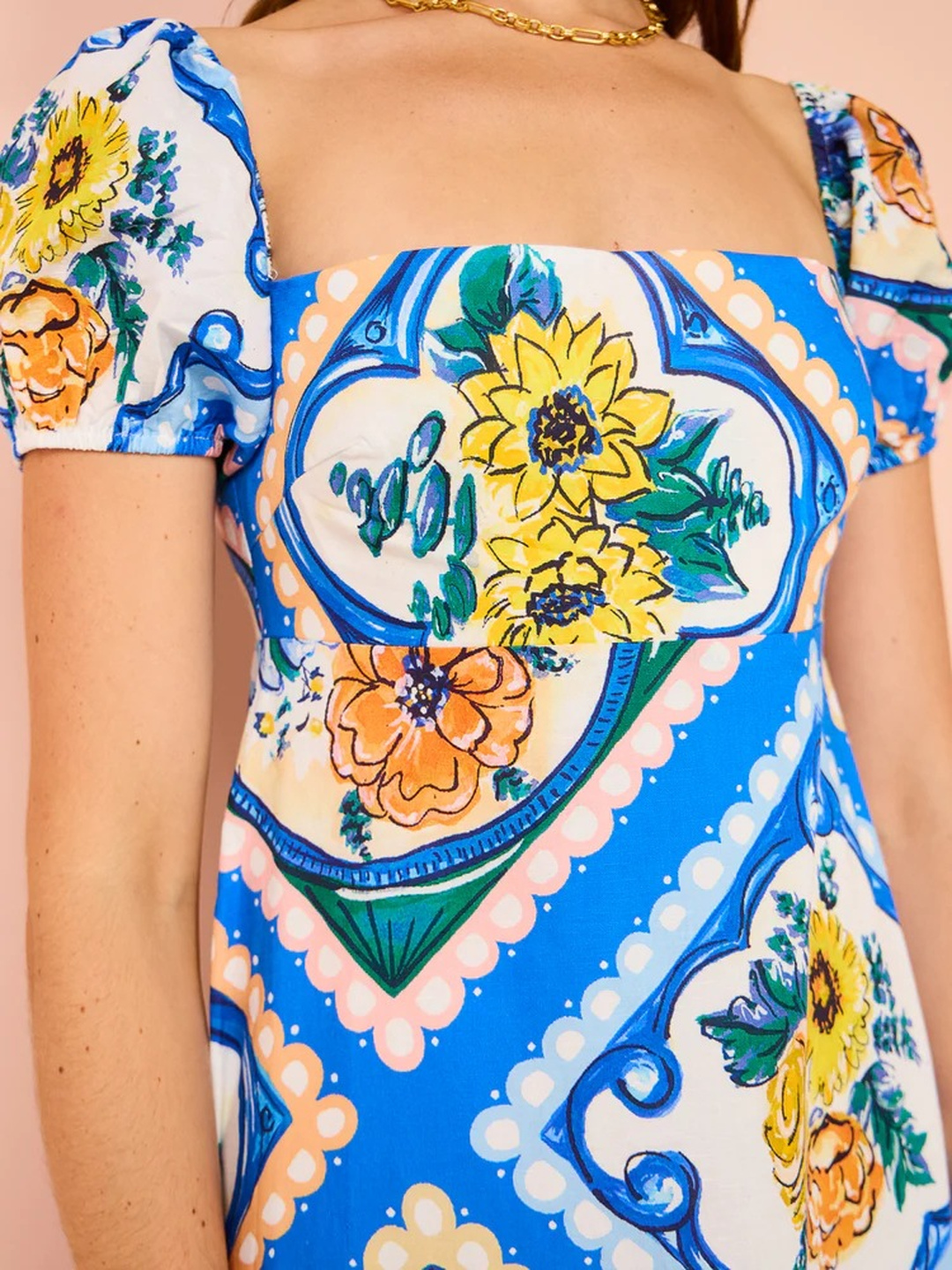 Peach and Blue Floral A-Line Maxi Dress with Puff Sleeves
