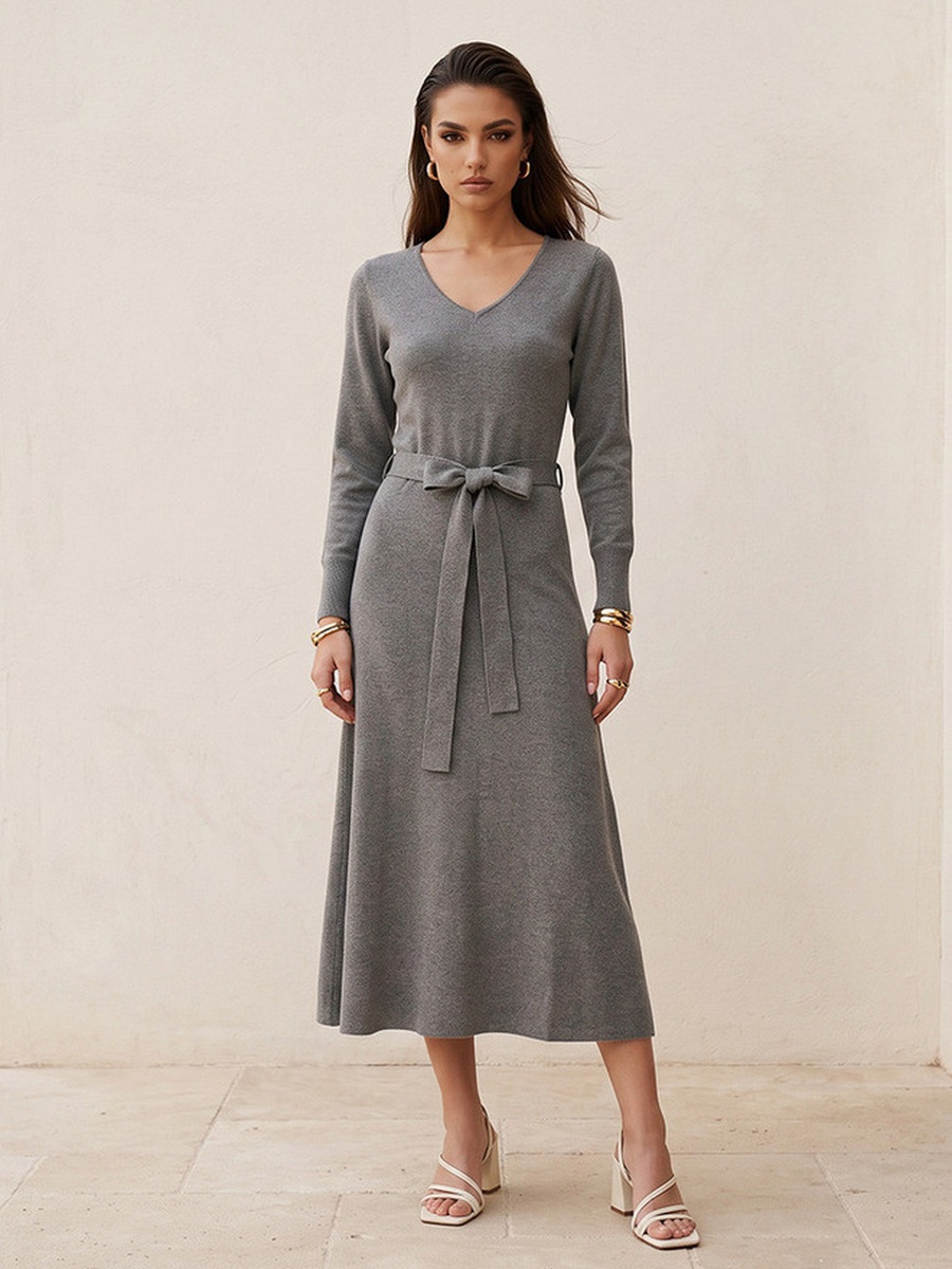 Textured A-line Dress with Tie-Up Belt
