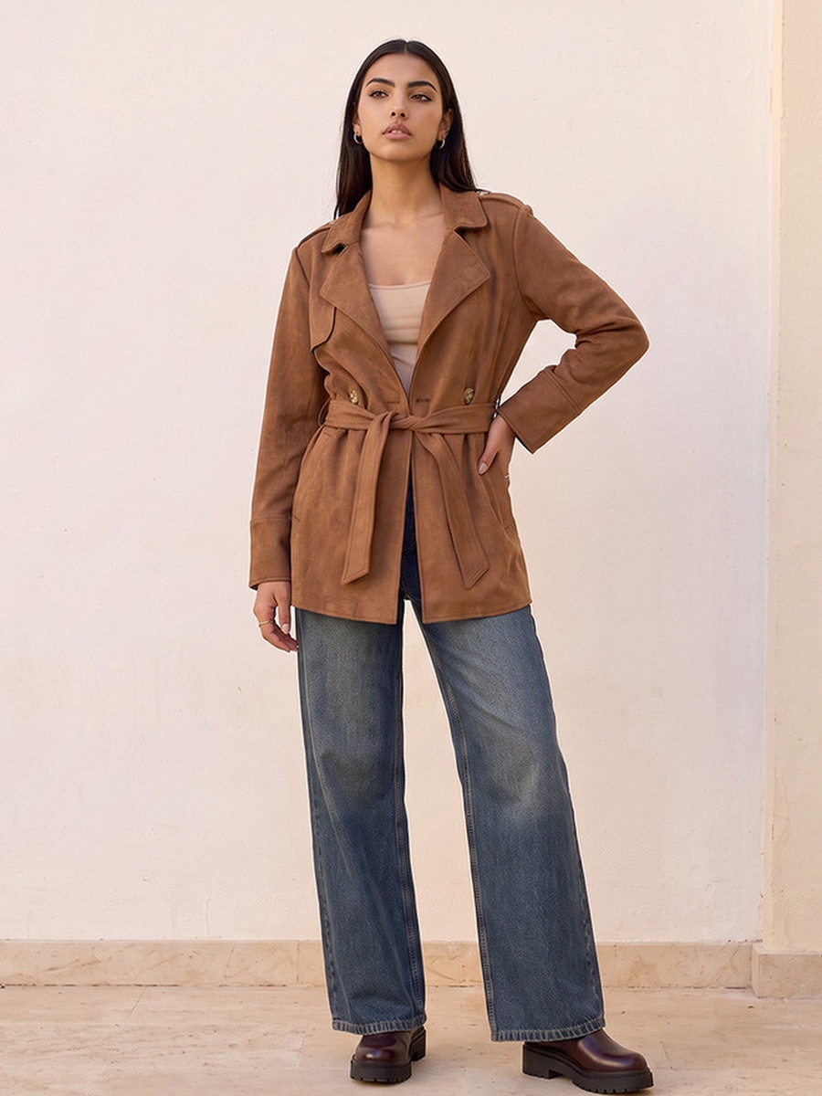 Suede Trench Jacket with Belt
