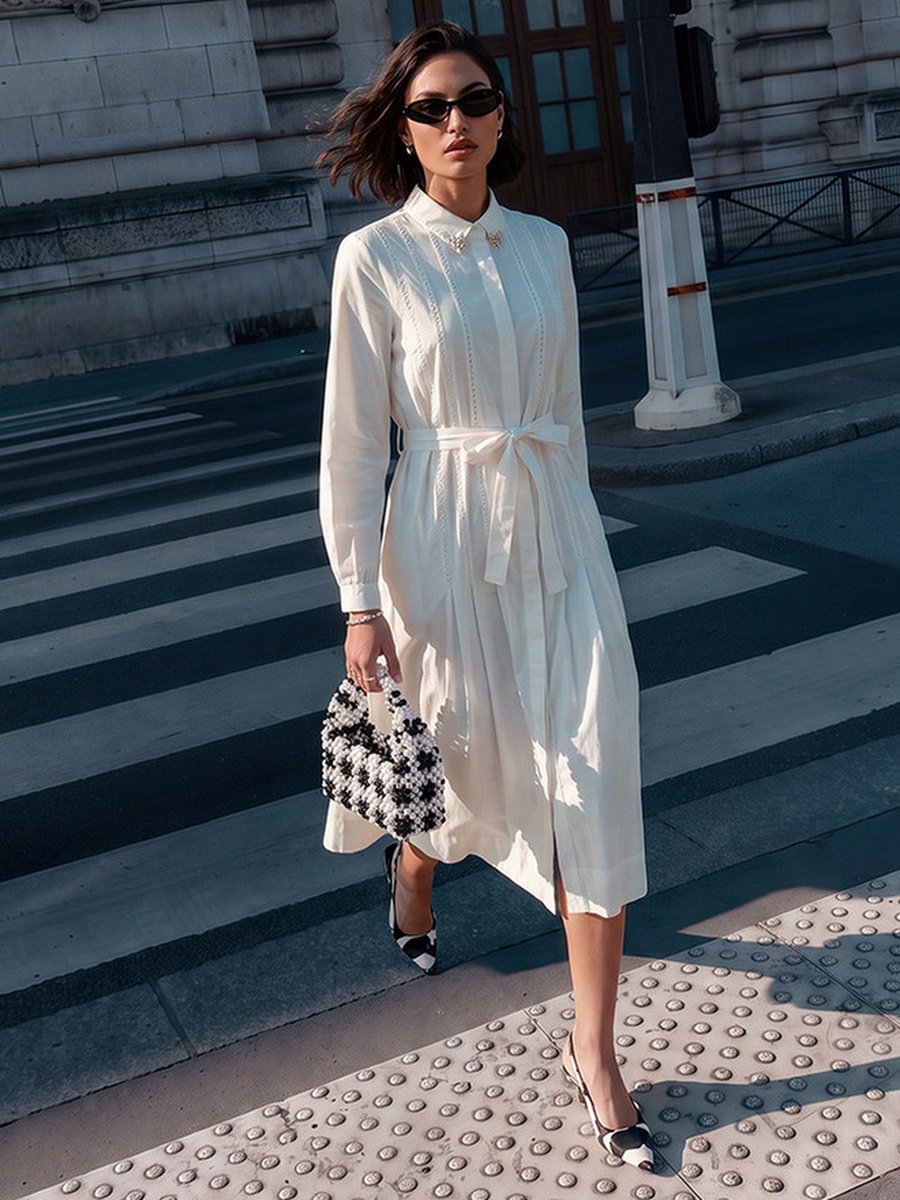 Midi Cotton Shirt Dress with Tie-Up Belt