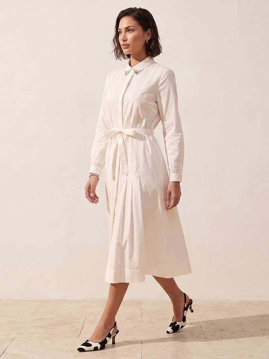 Midi Cotton Shirt Dress with Tie-Up Belt