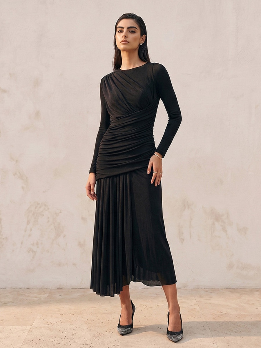 Midi Drape Dress with Ruched Detail