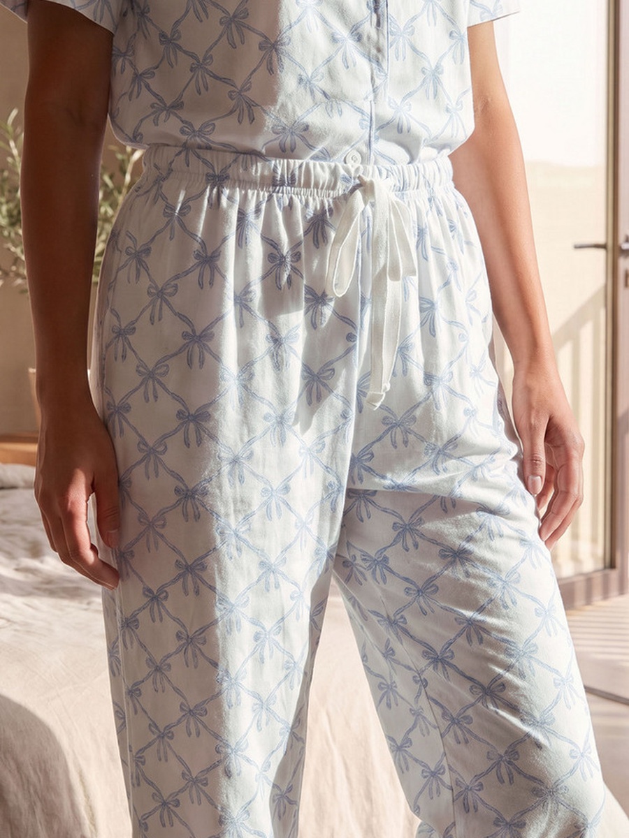 Bow Print Button-Down Shirt and Pyjamas Set