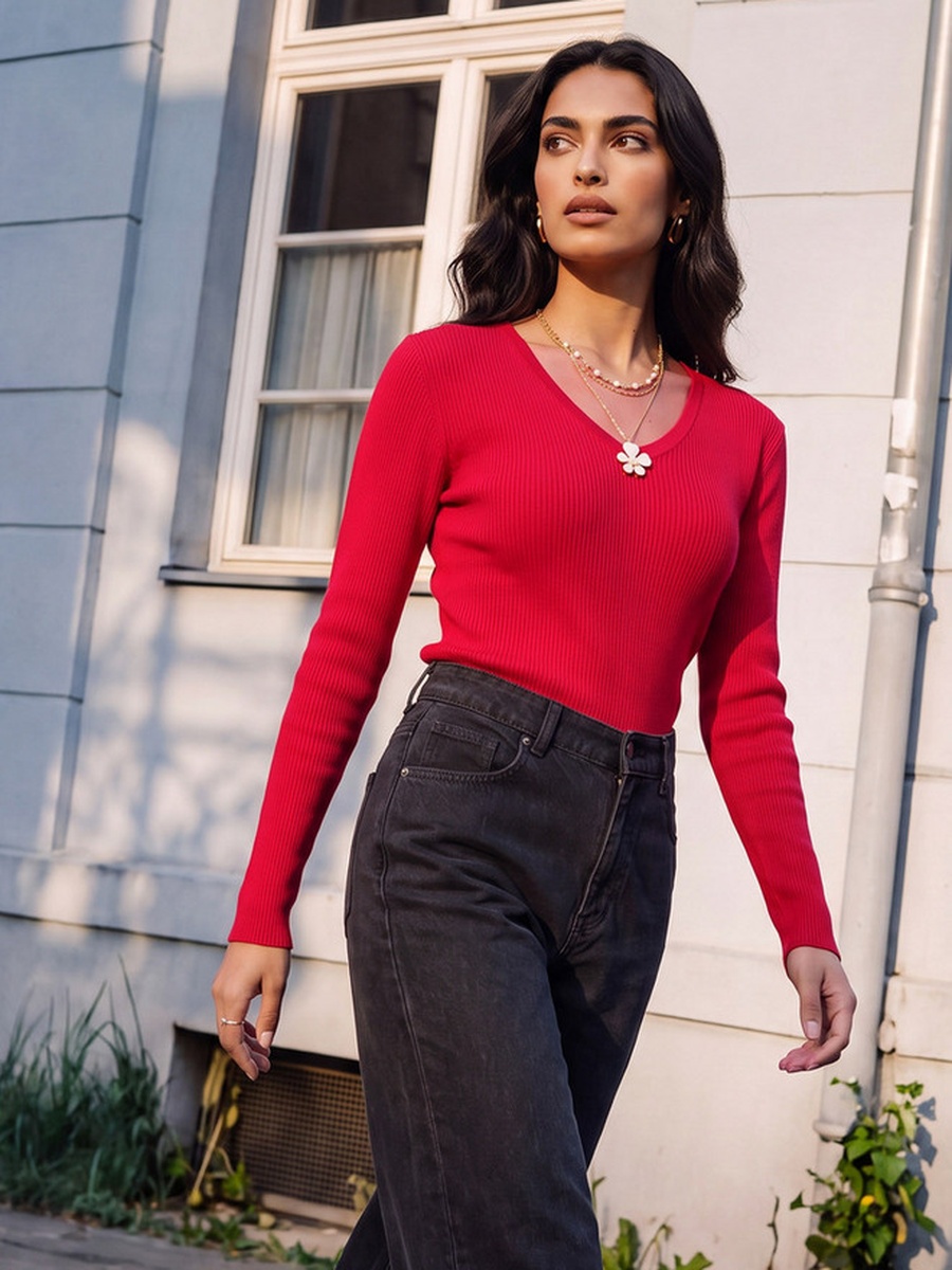 Regular Fit Ribbed Sweater with V-neck