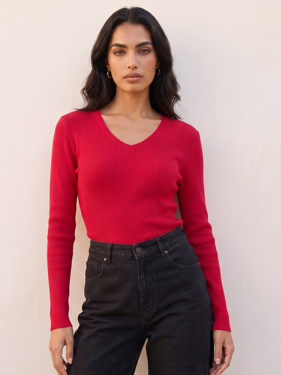 Regular Fit Ribbed Sweater with V-neck