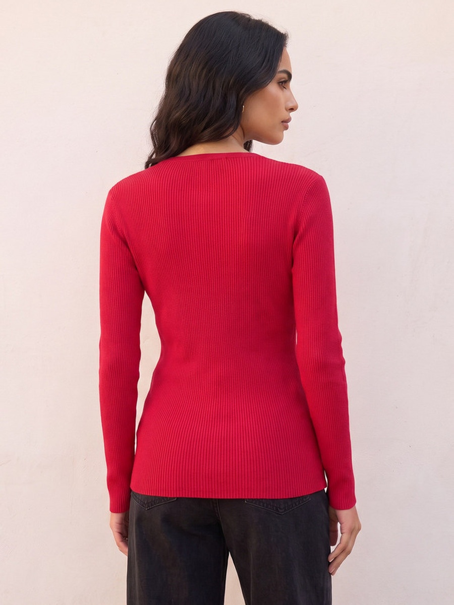 Regular Fit Ribbed Sweater with V-neck