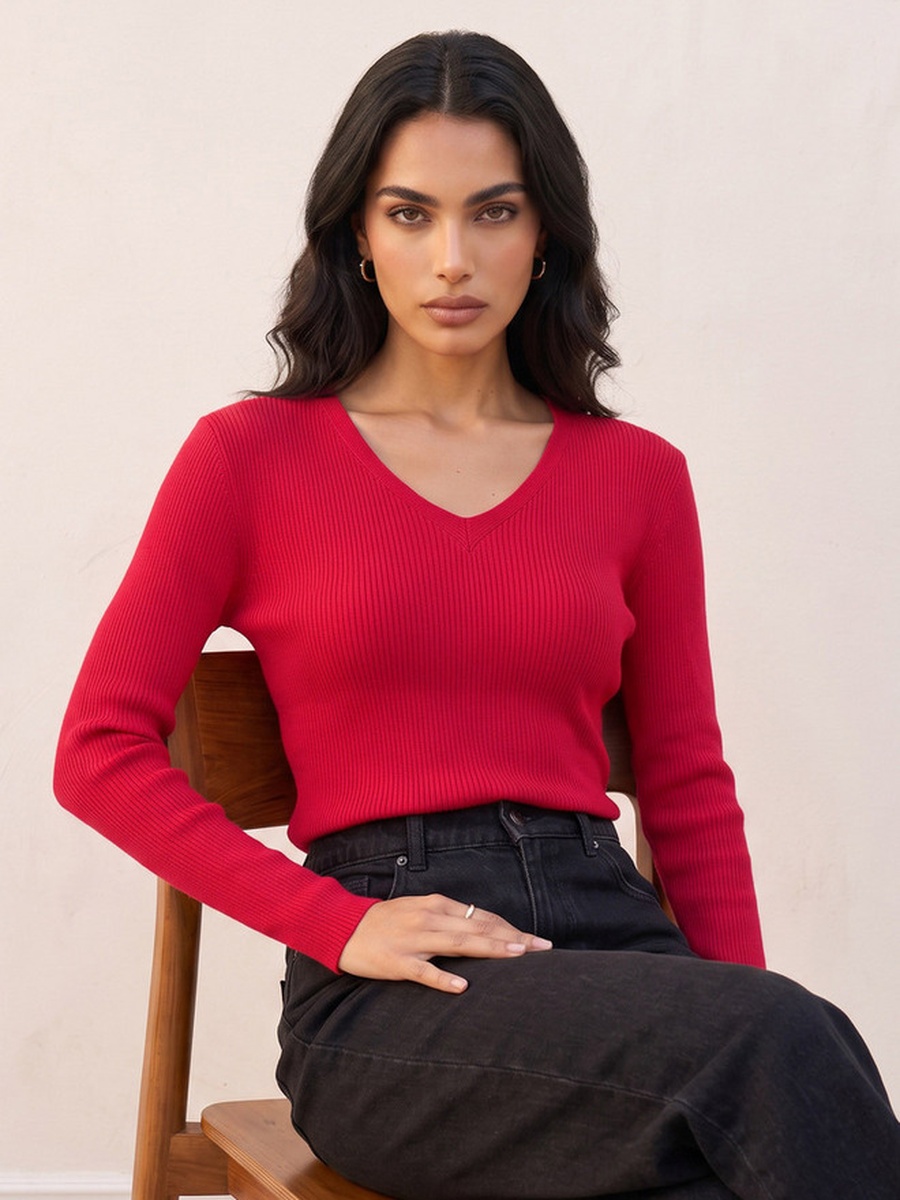 Regular Fit Ribbed Sweater with V-neck