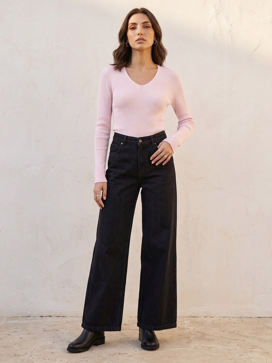 Regular Fit Ribbed Sweater with V-neck