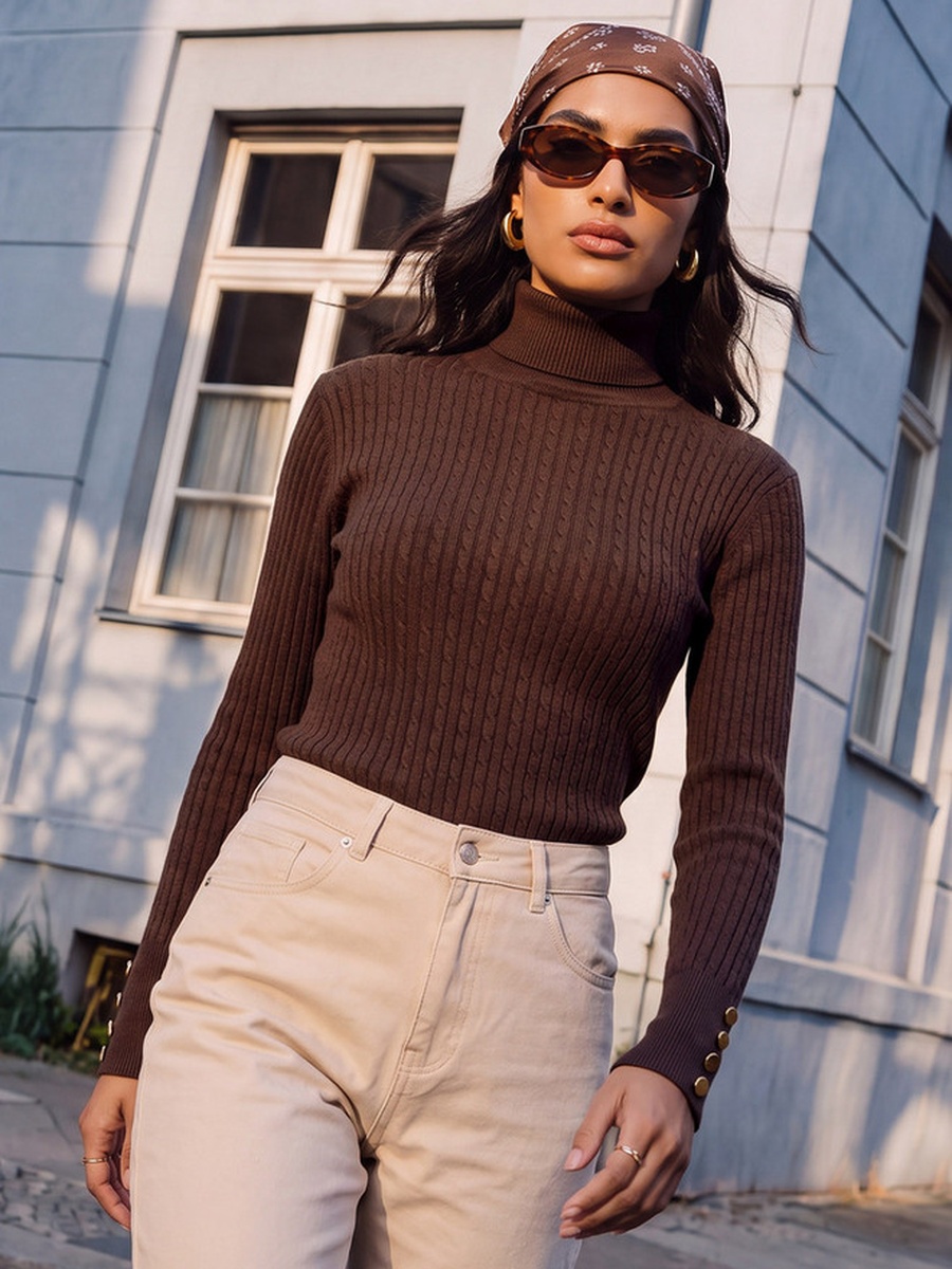 Regular Fit Cable Knit Sweater with Turtleneck