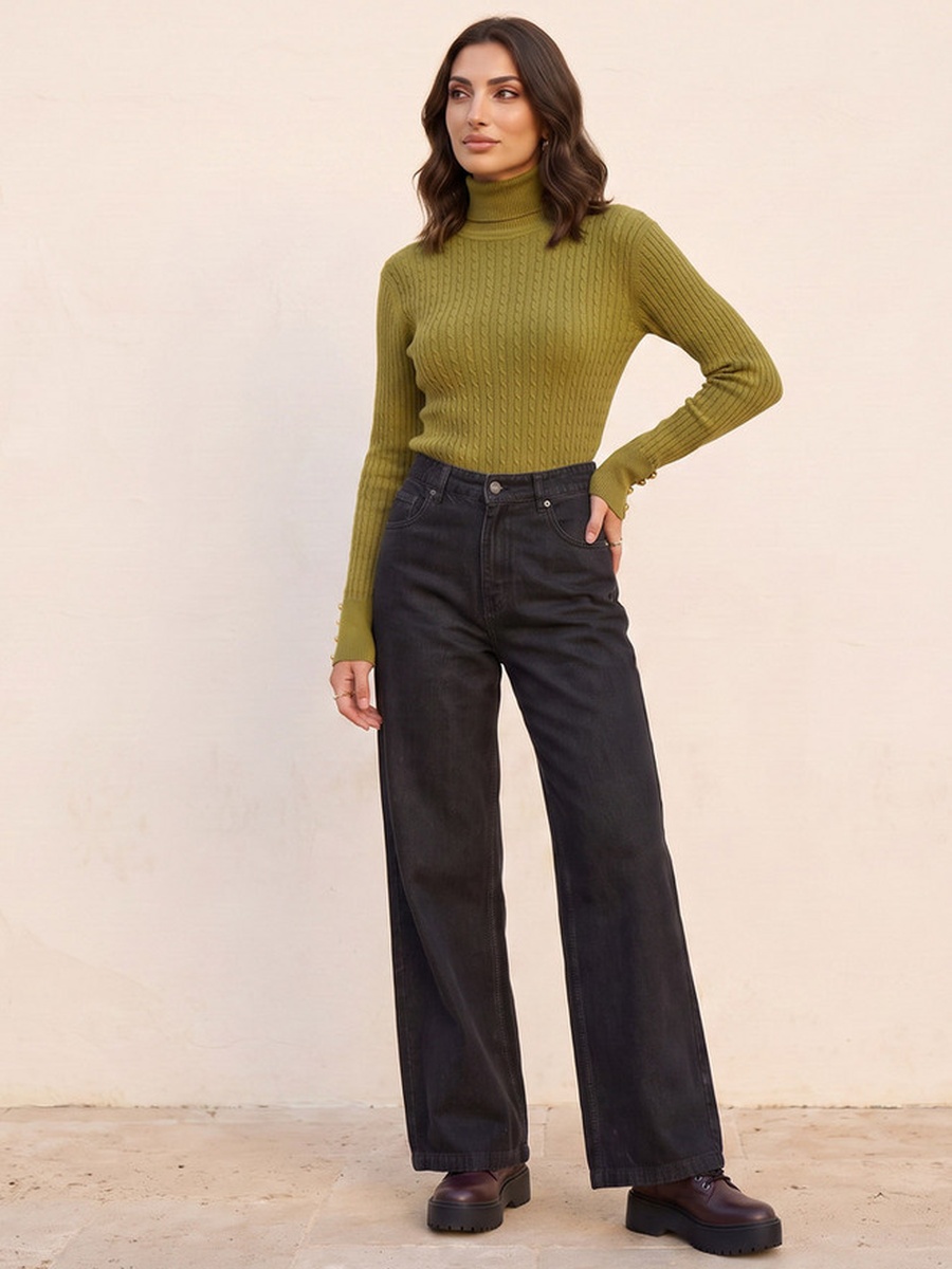 Regular Fit Cable Knit Sweater with Turtleneck