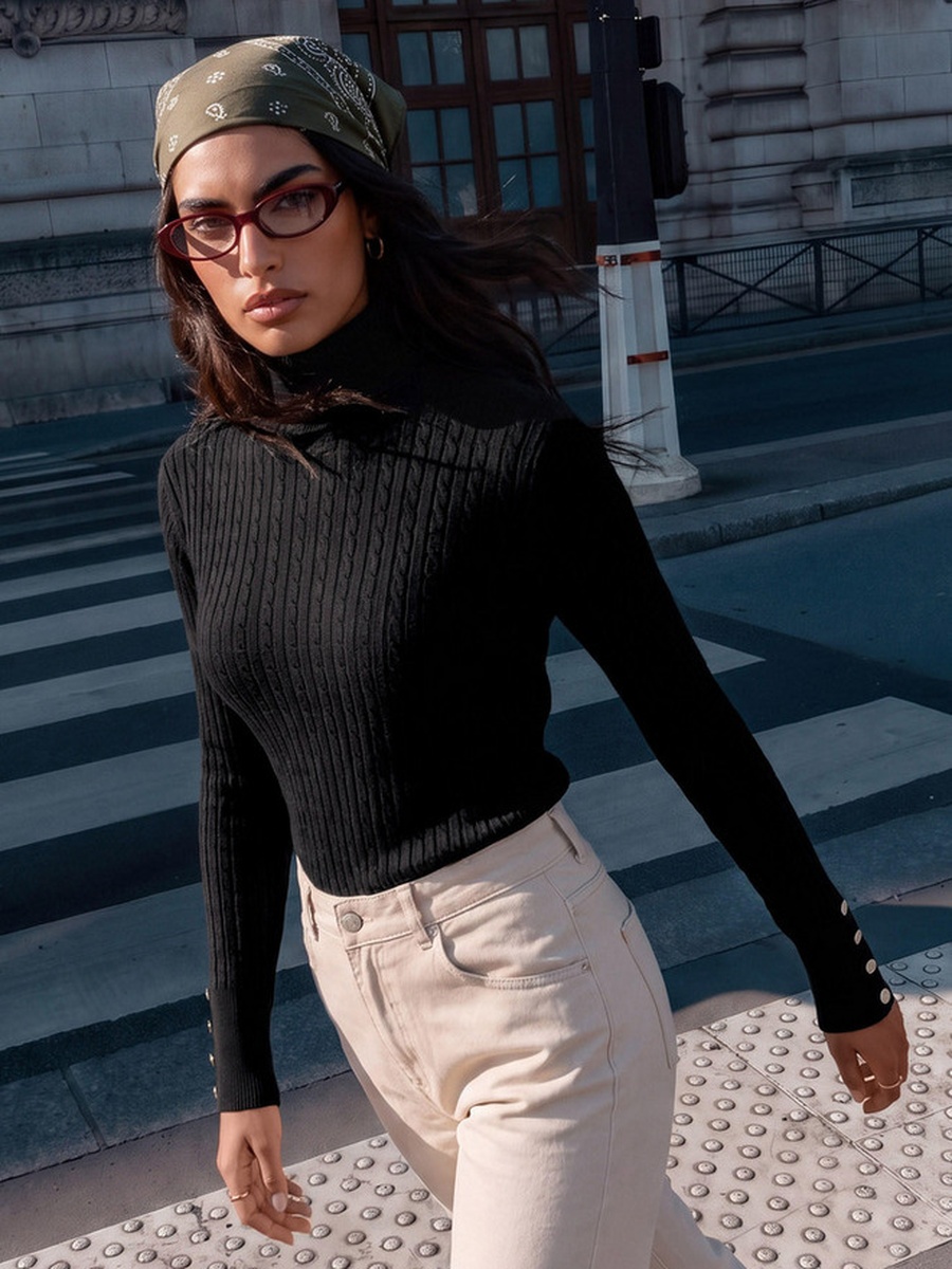 Regular Fit Cable Knit Sweater with Turtleneck