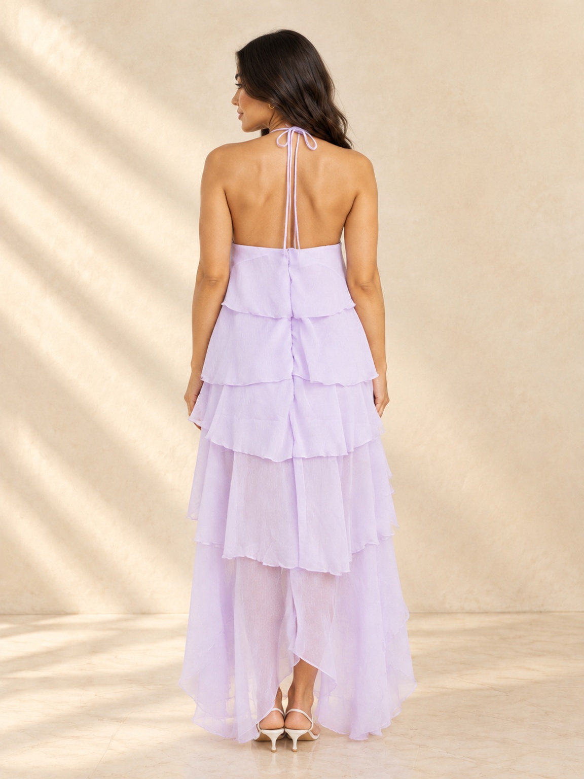 Purple Tiered Ruffle Halter Neck Maxi Dress