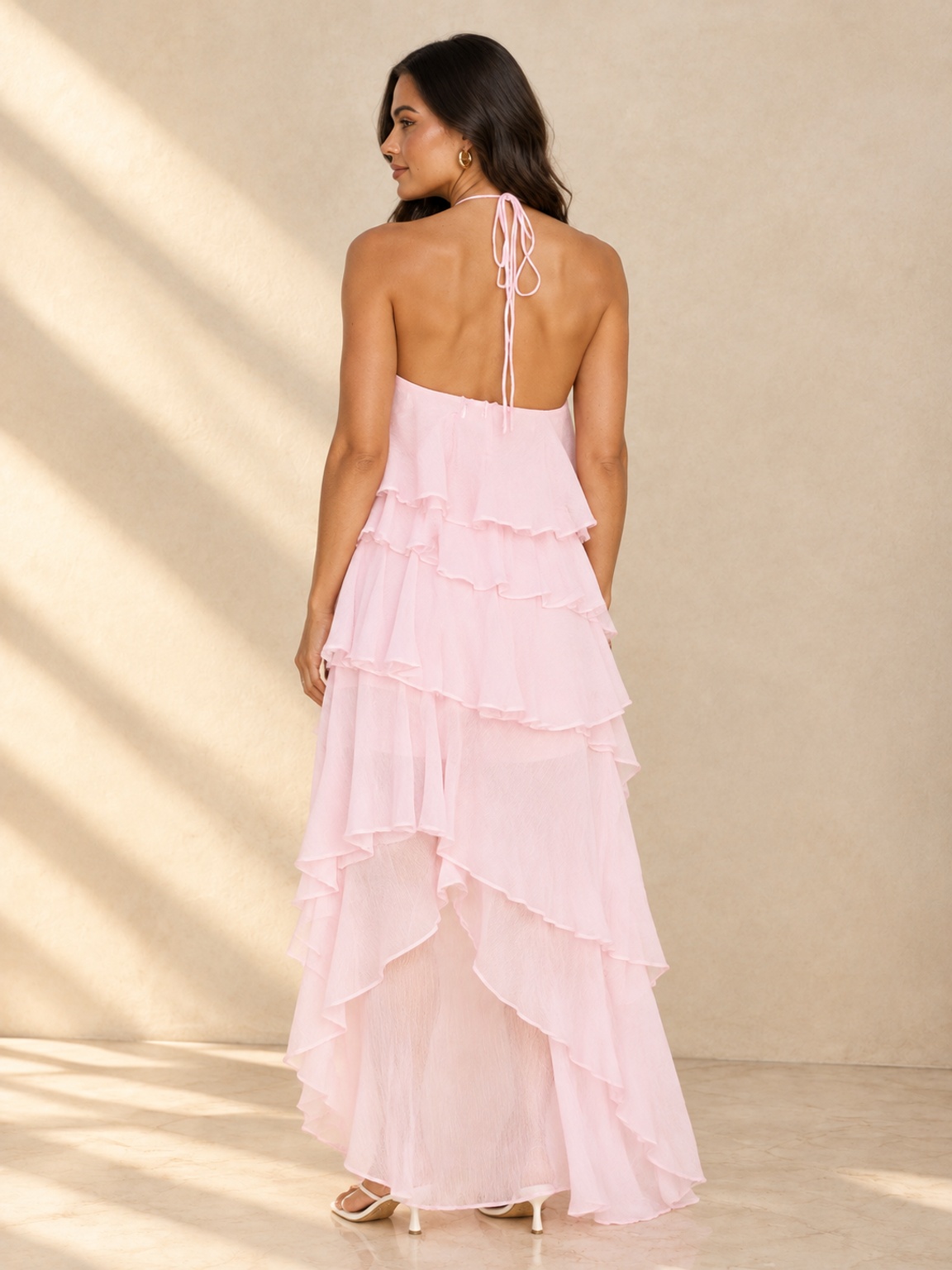 Pink Tiered Halter Neck Maxi Party Dress