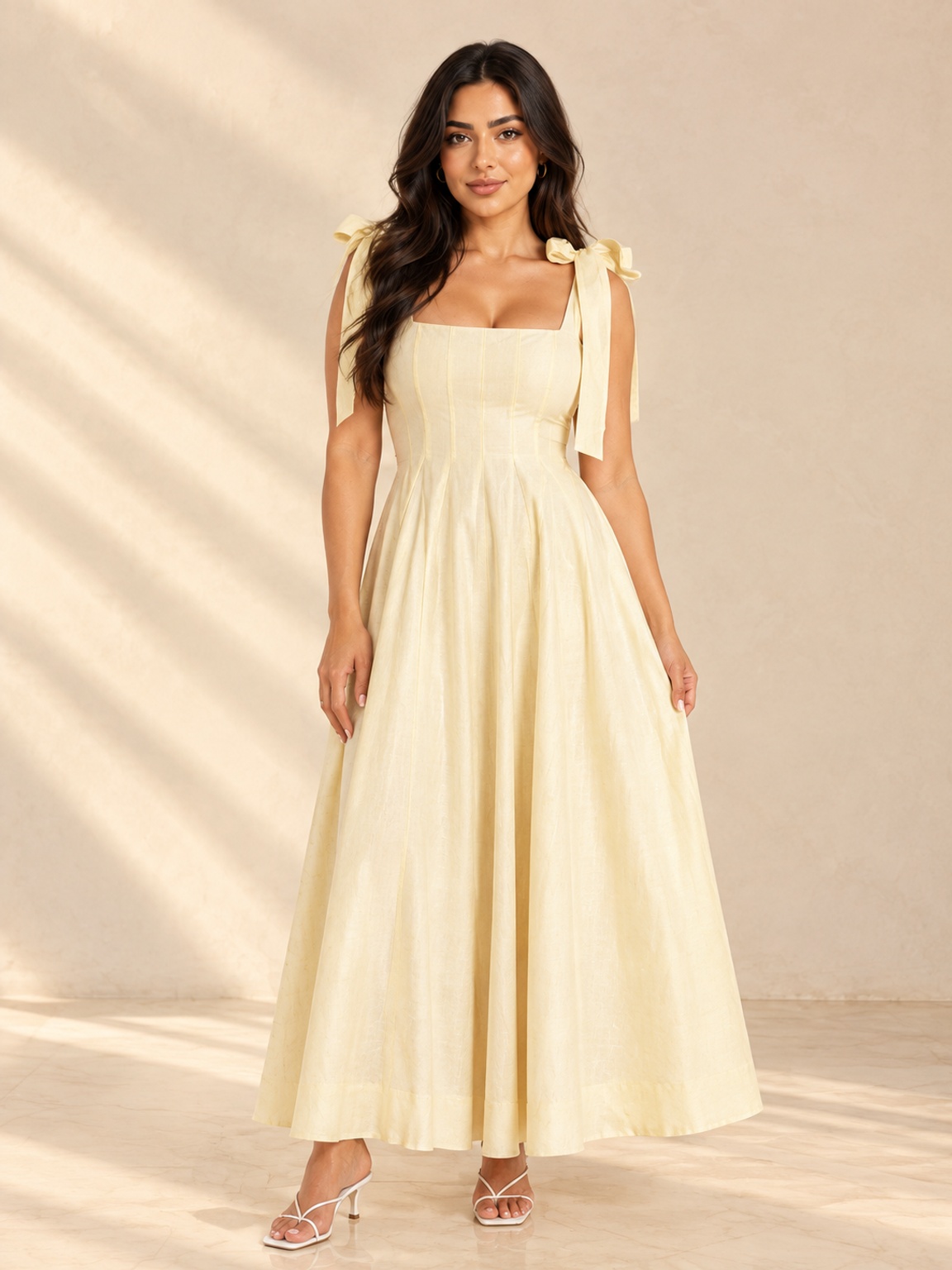 Cream Maxi Dress with Tie-Shoulder Straps